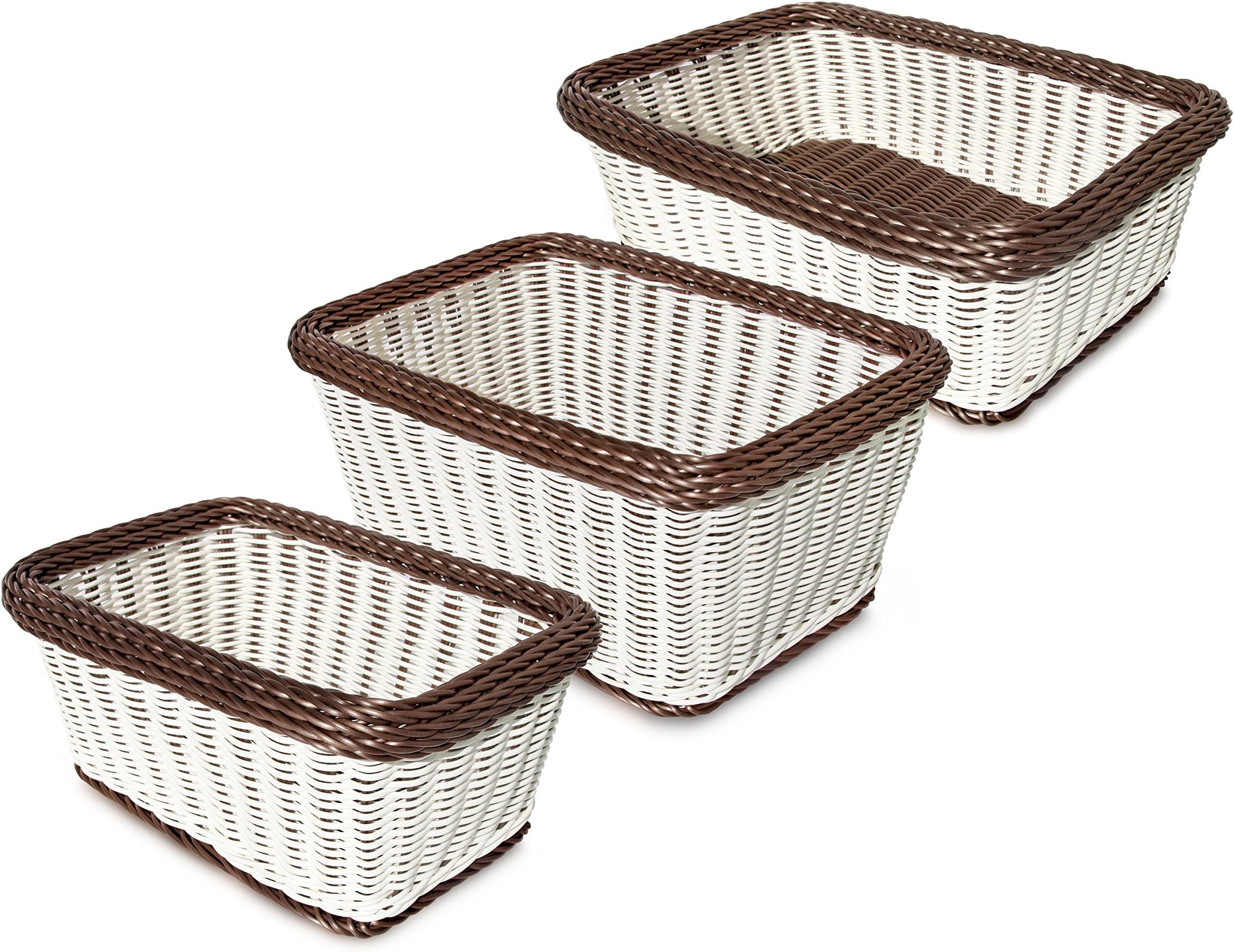 02379 Rectangular Storage Basket, Shelf Storage, Hand Woven, Set of 3, White with Brown Trim