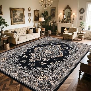 HOMORE Black Living Room Rug 8x10 Washable Area Rugs for Bedroom | Vintage Floral,Non Slip Rugs for Dining Room Farmhouse Home Office