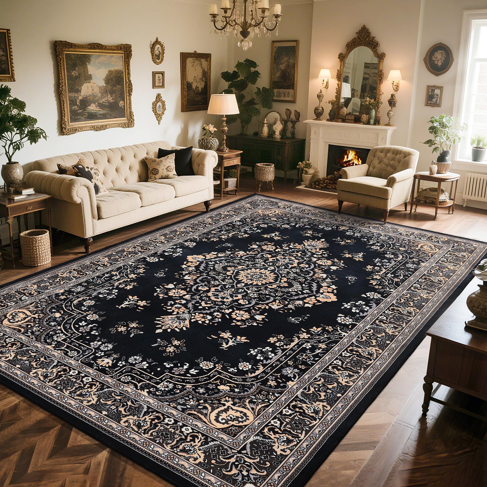 HOMORE Living Room Rug 8x10 Black Area Rugs for Living Room, Non Slip Washable Rugs for Bedroom Faux Wool Throw Rug for Dining Room Vintage Floral Carpet for Farmhouse Home Office Decor