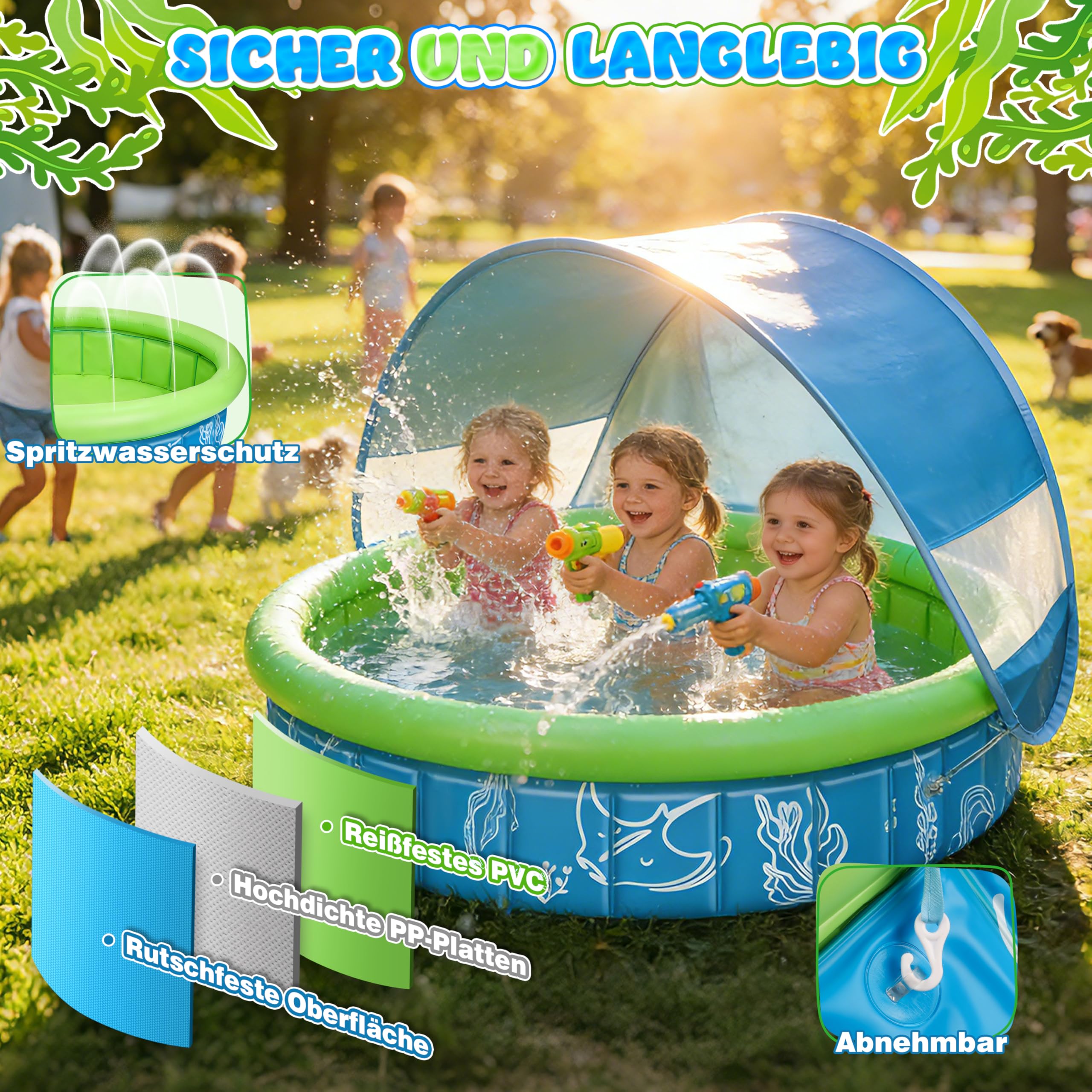 4-in-1 Pop Up Baby Planschbecken, Strandmuschel Baby mit Wasserstrahlen, Babypool Bällepool mit UV Schutz SPF 50+, Tragbare Spielzelt Bällebad Sonnenschutz für Garten Strand Picknick(100*30)