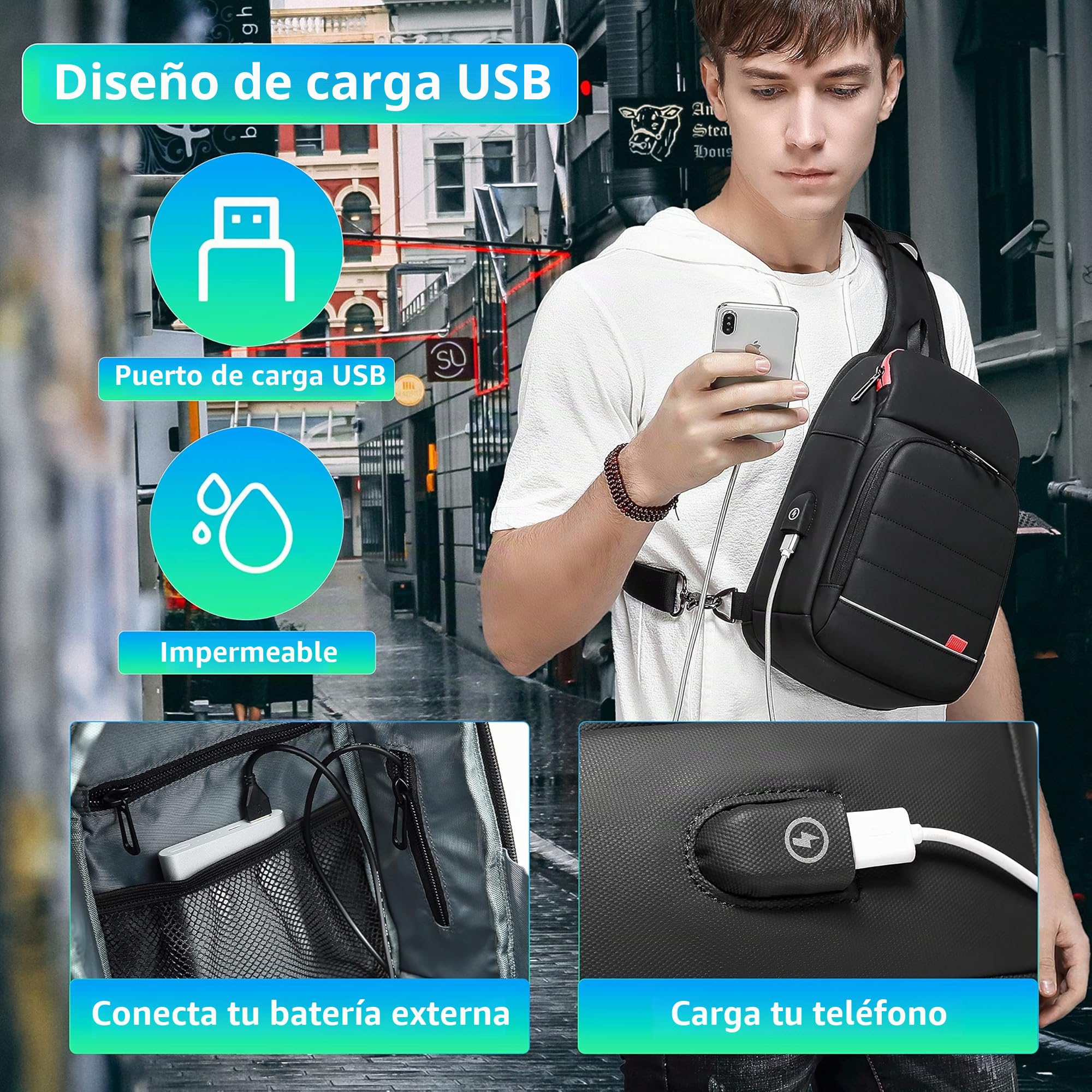 Mochila Cruzada Hombre Bolso Pecho Impermeable 7,9" Bandolera Cruzada con USB Bolso Práctico Para Viaje Deporte Oficina Unversidad-Negro