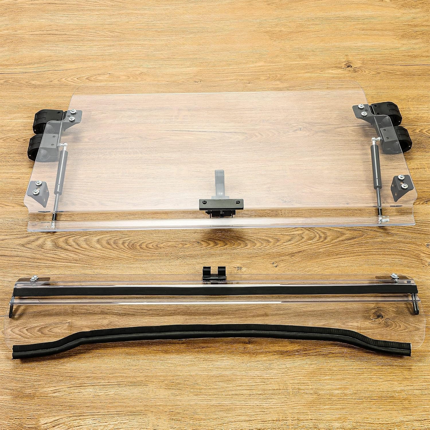 Image showing all components of the HECASA 2-IN-1 Windshield laid out, including the upper and lower windshield sections, gas springs, and rubber seals.