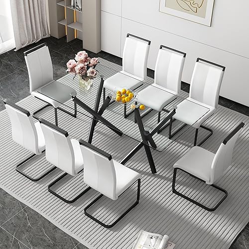 Miniatura 18 de Juego de 6 mesas de comedor de cristal, moderno juego de mesa de comedor de 71 pulgadas con 6 sillas de comedor tapizadas de piel sintética para