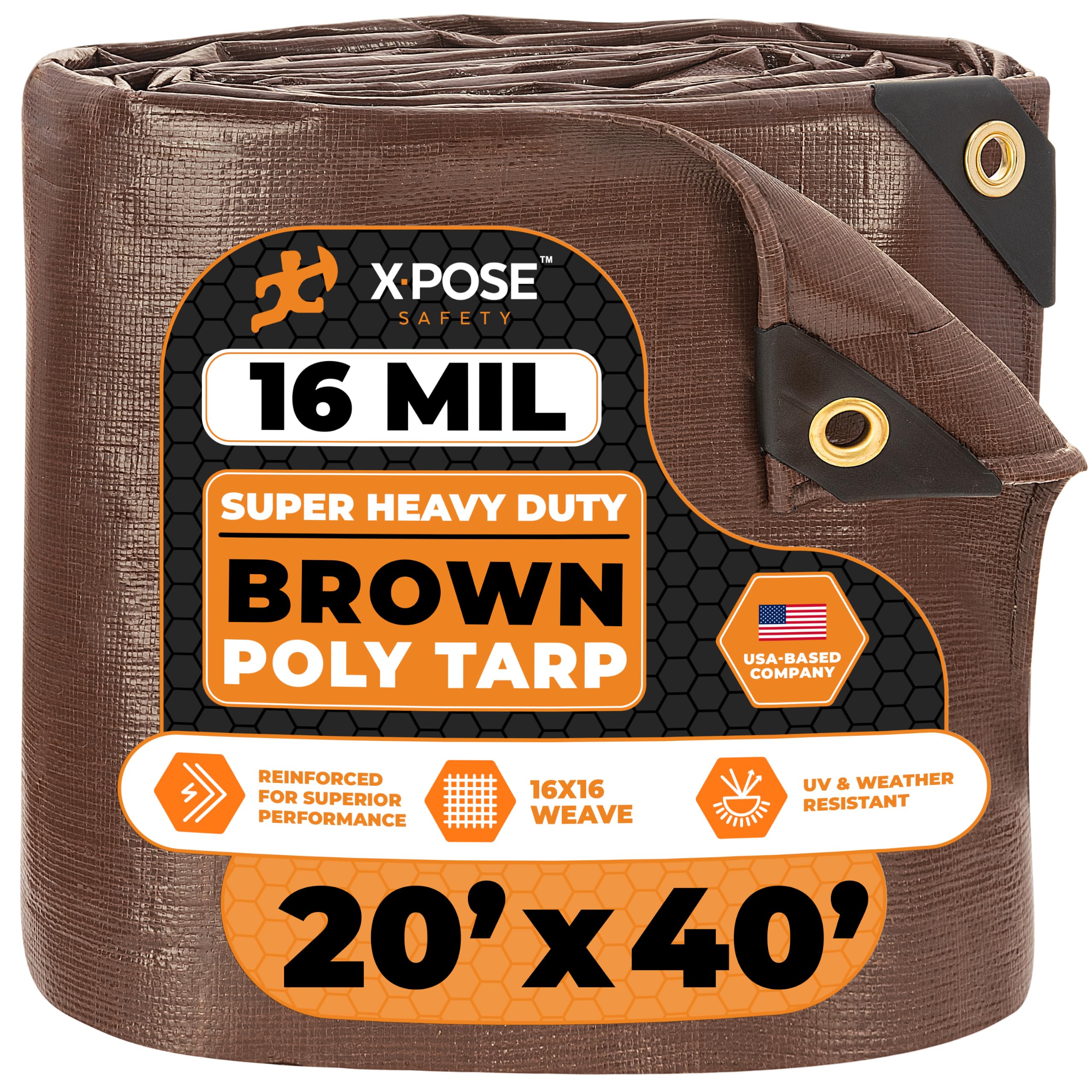 20' x 40' Super Heavy Duty 16 Mil Brown Poly Tarp Cover - Thick