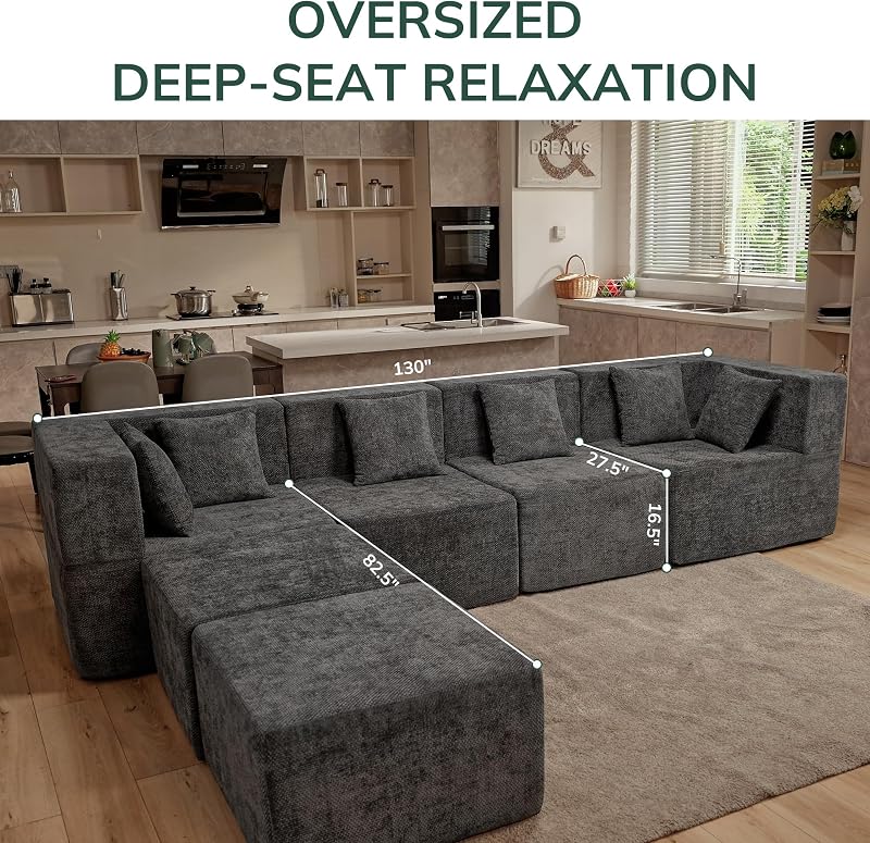 MONVANE Modular Sectional Cloud Couch for Living Room - 130'' 6 Seater Convertible Chenille Couches Set with Ottoman, No Assembly Compression Sofas, Comfy Floor Sofa with Memory Foam, Grey image 2