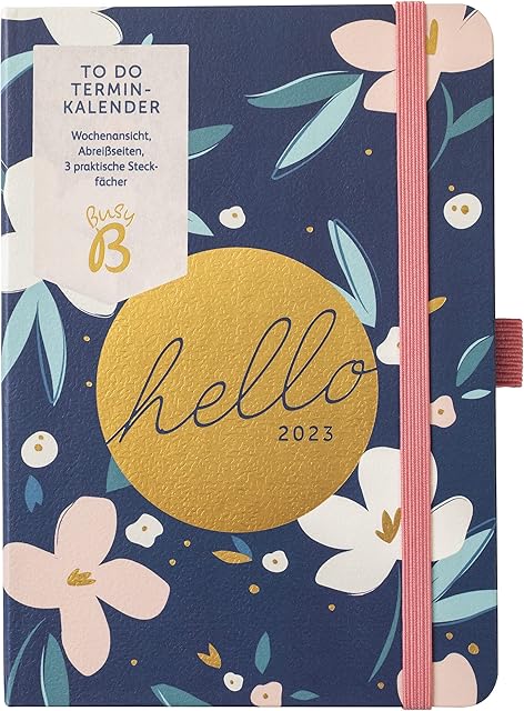 Busy B - German language A6 to do diary from January to December 2023 - navy flowers - A6 week to view diary with notes, tear-off lists and slip pockets, 5701AMZ