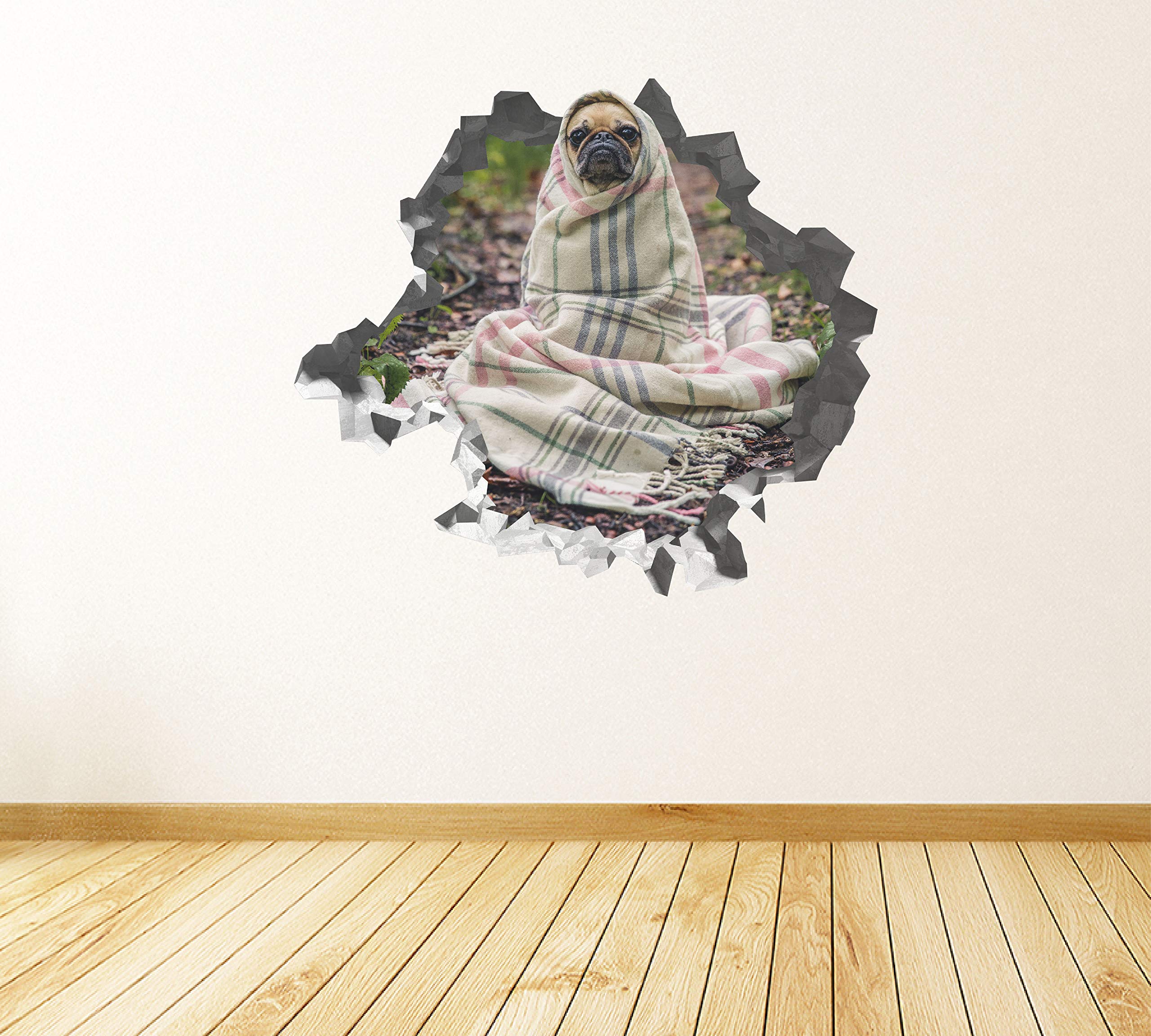 Cachorro Pug Arropadito Pegatina - Calcomania Animales - Decoración de Cuartos Niños - Sticker de Cachorro - Decoración Infantil - JS359 (Gigante: 127 cm x 117 cm)