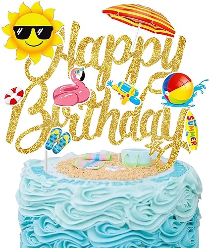 Decoración hawaiana de verano para tartas de playa, decoración de pastel de cumpleaños, decoración de pastel de cumpleaños con purpurina para