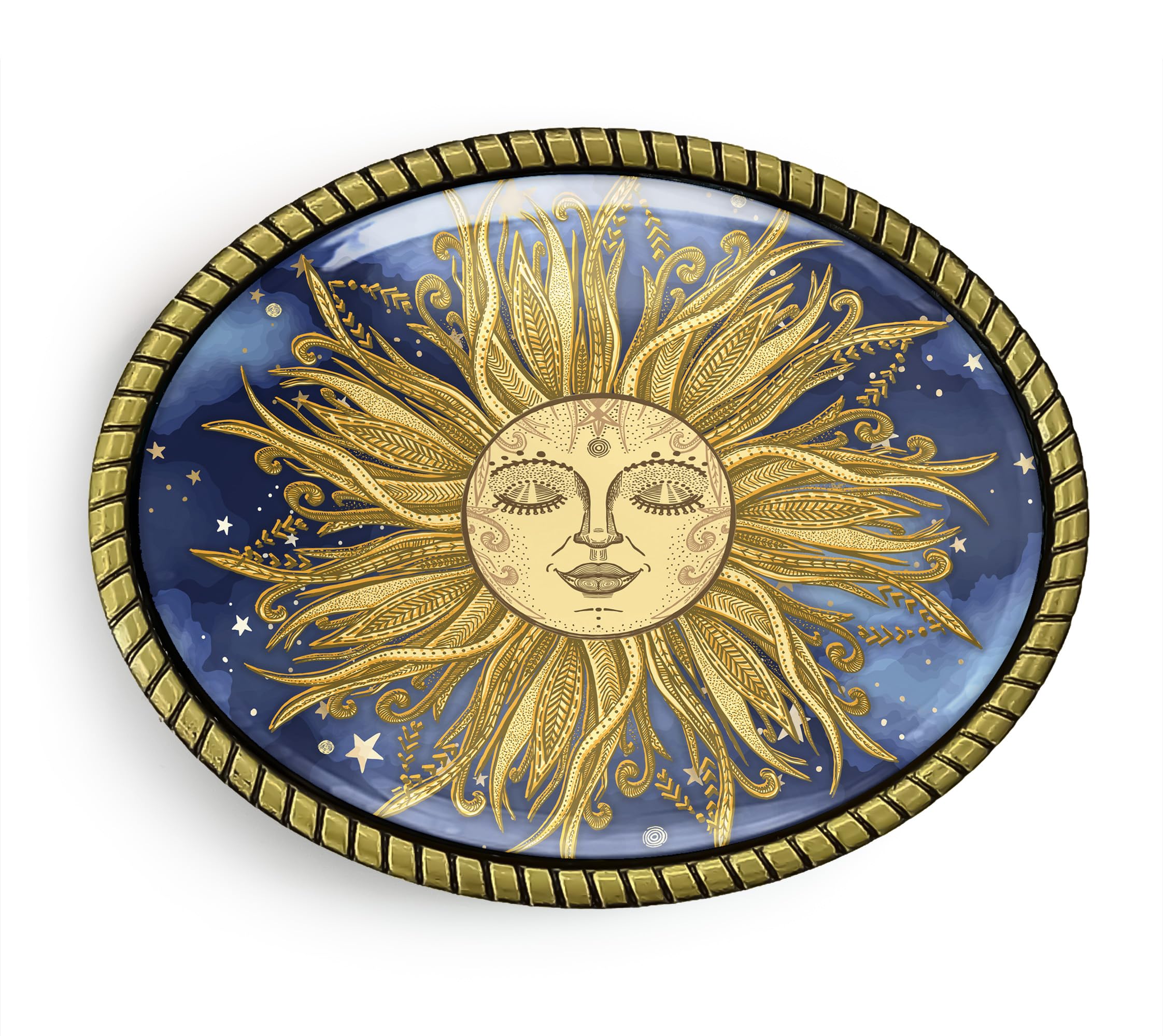Ornate Sun Belt Buckle - Decorative Celestial Astrology Handmade Artisan Buckle (Antique Gold)