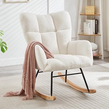 Teddy Fabric Glider Chair, 300 lbs Capacity Upholstered Rocking Chair with Metal Frame, Ergonomic High Back Accent Chair for Living Room and Bedroom, Soft Tufted Lounge Chair Ivory