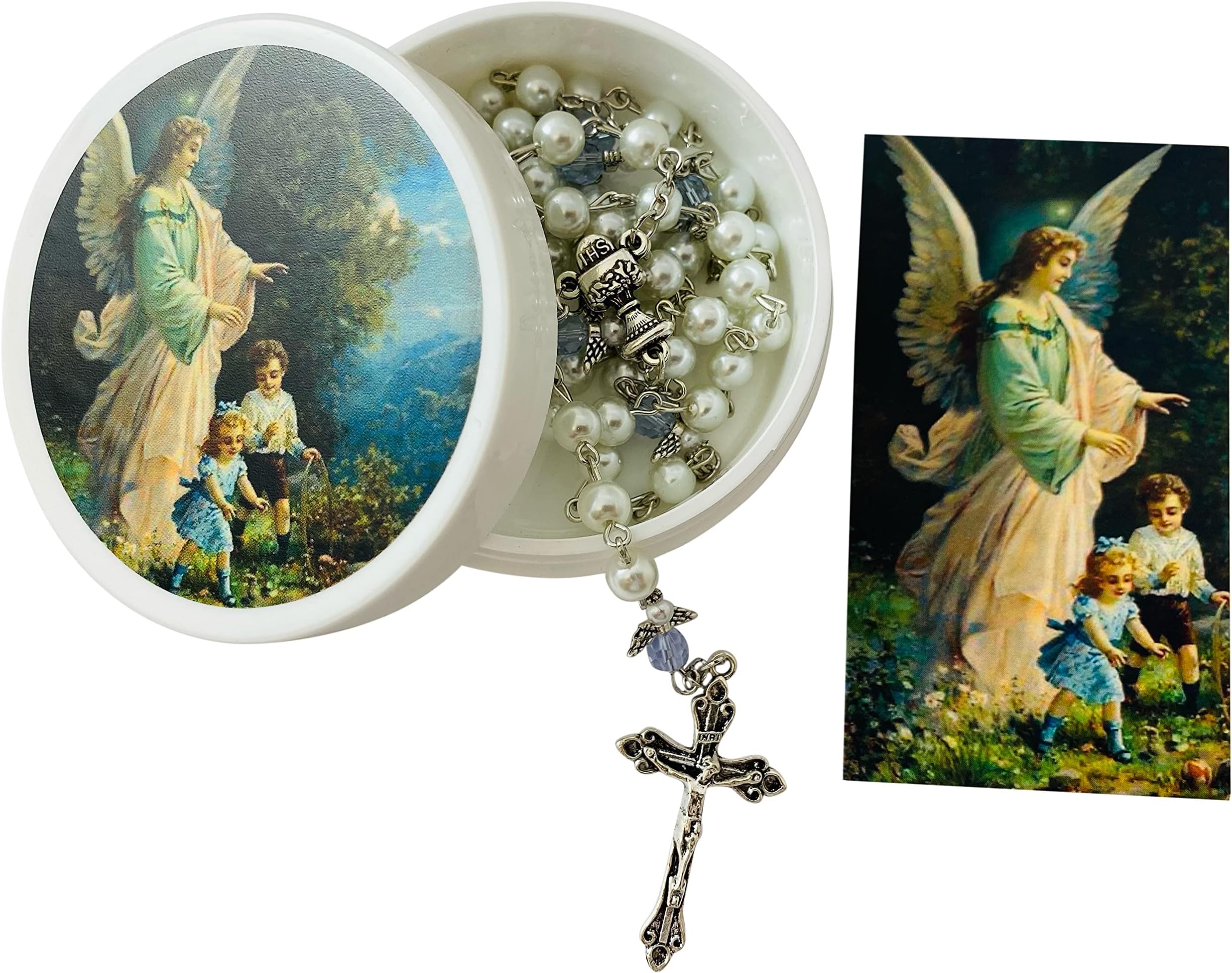 Westmon Works Guardian Angel First Communion Rosary Set with Glass Beads and Metal Crucifix and Center with Holy Card and Case