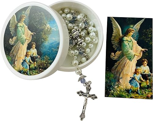 Westmon Works Juego de rosario de la primera comunión con cuentas de vidrio y crucifijo de metal y centro con tarjeta sagrada y estuche