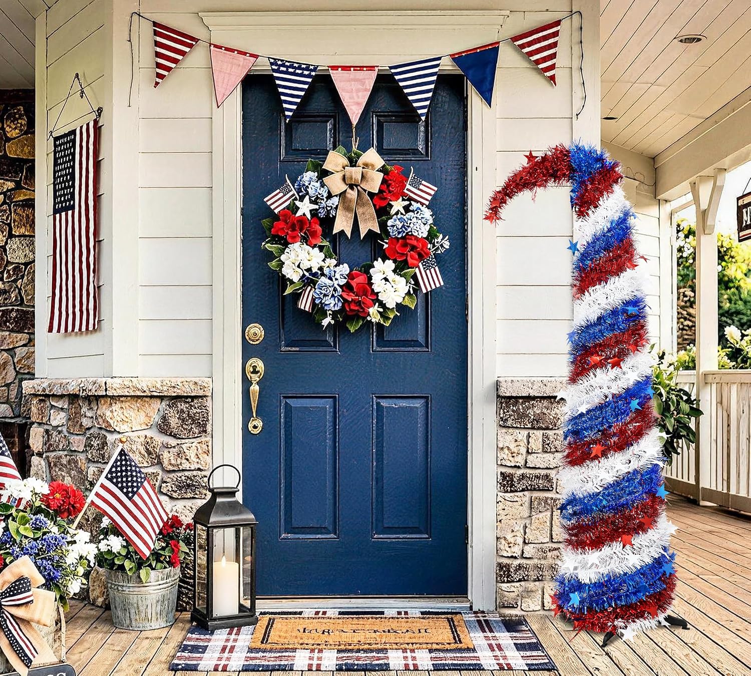 4th of July Lighted Tree USA 5FT 250th Anniversary Tree Bendable Collapsible Pop up Star Sequins Tree Celebrations Patriotic Home Party Decorations(Red White and Blue)