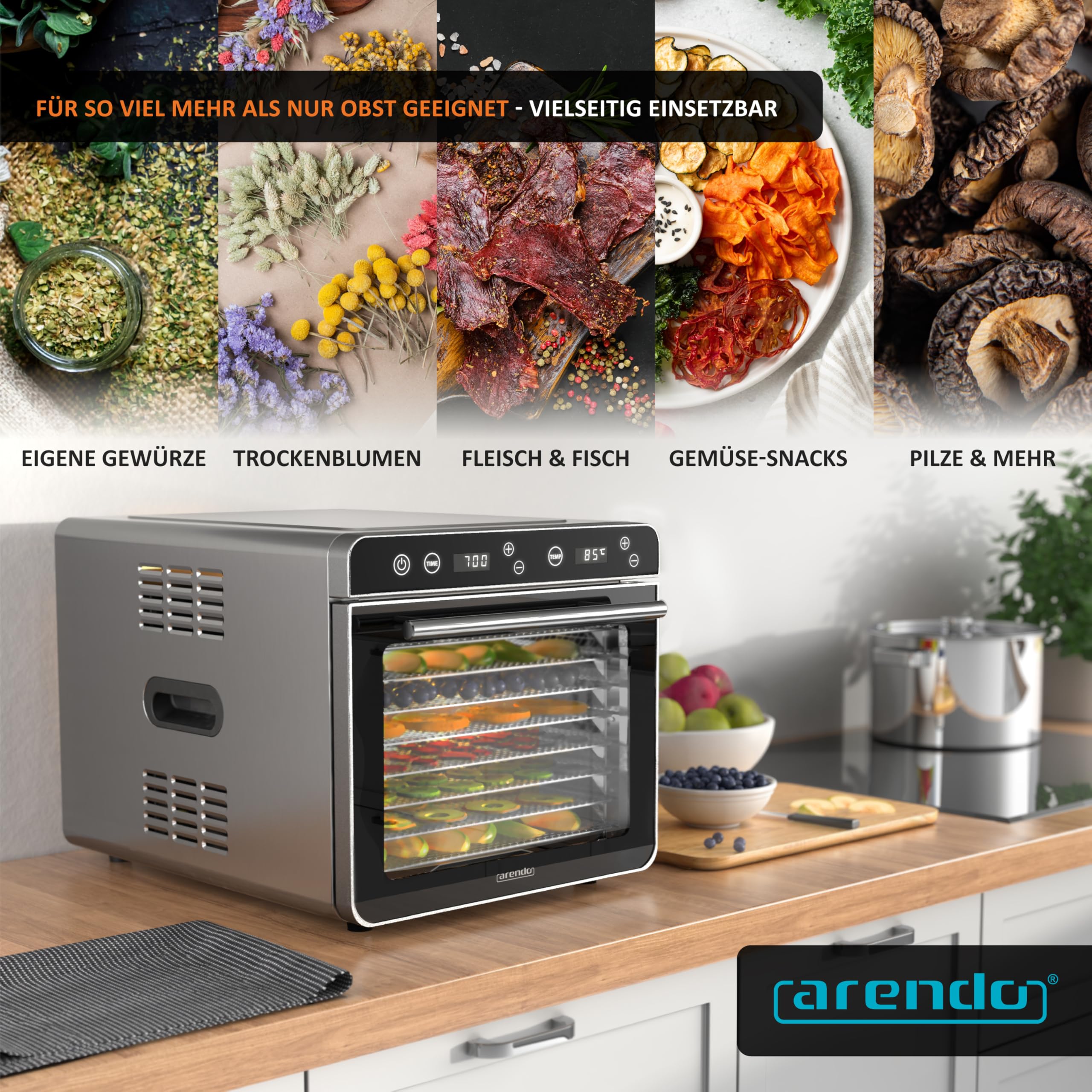 Arendo - Dörrautomat Edelstahl mit 8 Edelstahlgitter - 700 W - 35°-85°C - 8 Edelstahl Einlegetabletts mit insgesamt 6700 cm² - Dörrgerät Dehydrator Obsttrockner Dörrapparat - Obst Fleisch Pilze uvm