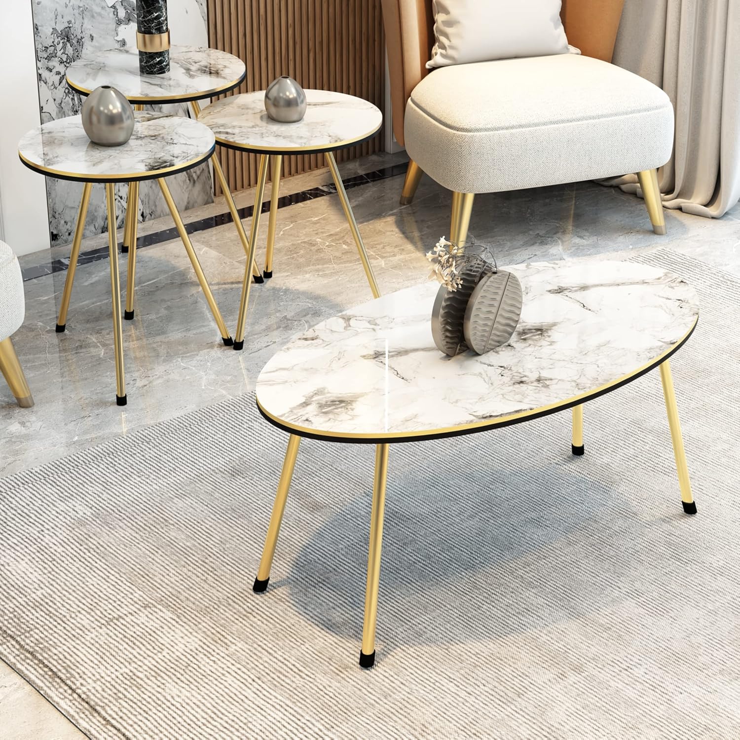 4 Piece Living Room Table Set, SUNRISE HOME DECOR - 1 Coffee Table and 3 Nesting Tables, NO-Tools Assembly (Ellipse Coffee Table/Round Nesting Tables) (White Marble/Gold) : Home & Kitchen
