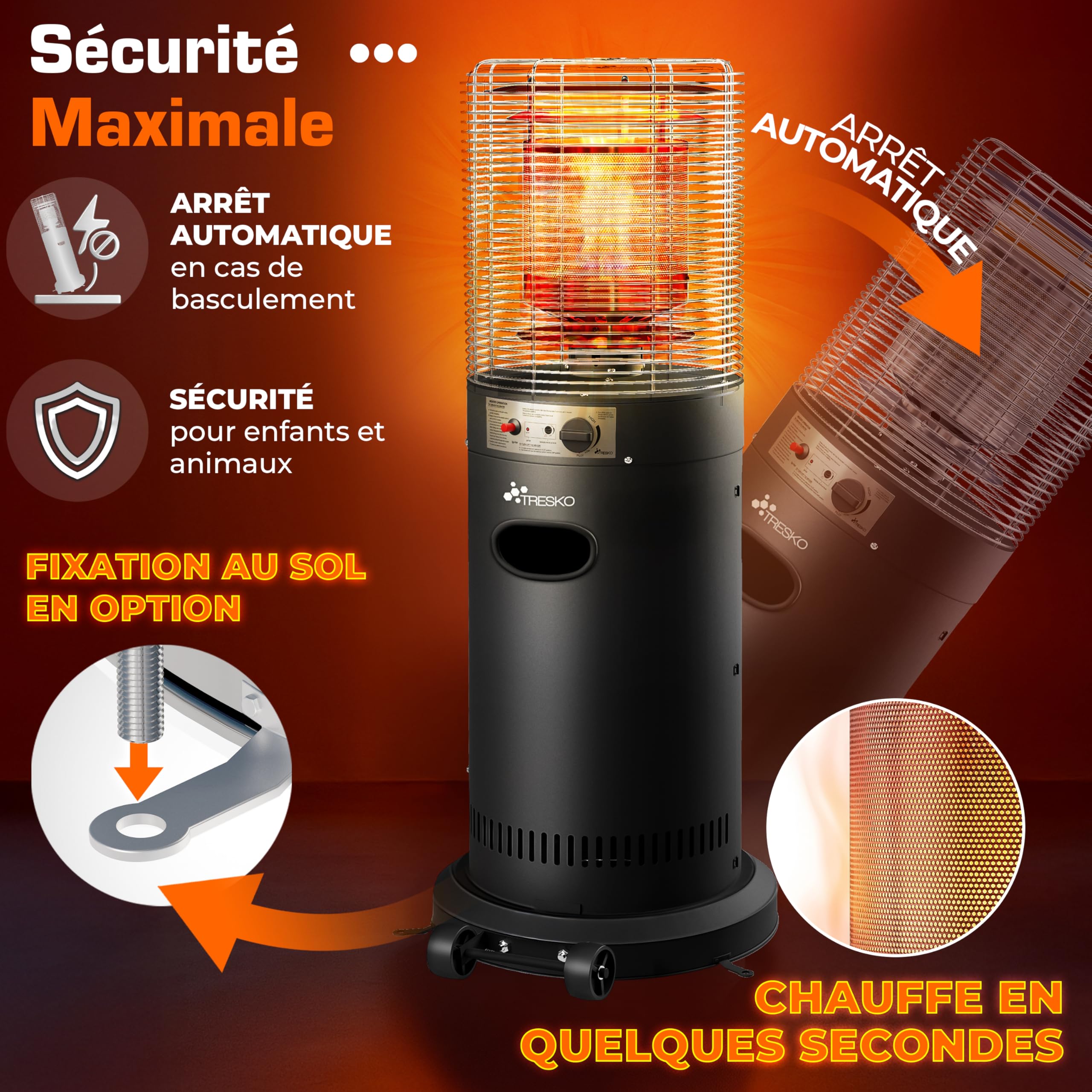 TRESKO Chauffage de terrasse à gaz 11kW + roulettes, pour bouteilles 5 & 11kg | Chauffage extérieur puissant pour terrasse, balcon, jardin, camping | Parasol chauffant avec tuyau et détendeur (Noir)