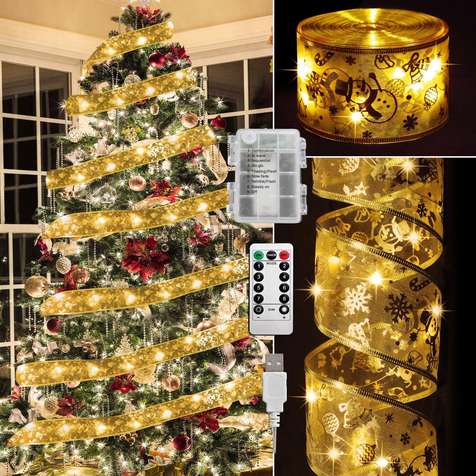 Vloso Christmas Tree Ribbon Lights for Christmas Tree Decorations-2.5Inch 66 Ft 200 Led Lighted Ribbon for Christmas Tree with Remote&Timer 8 Modes,Battery & USB Powered String Lights