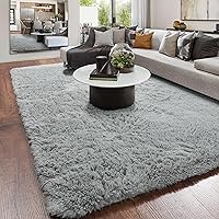 Vista 4 de Alfombra gris claro para dormitorio, 5 x 7 pies, esponjosa, peluda, rectangular, para sala de estar, para habitación de niños, para cuarto de bebé