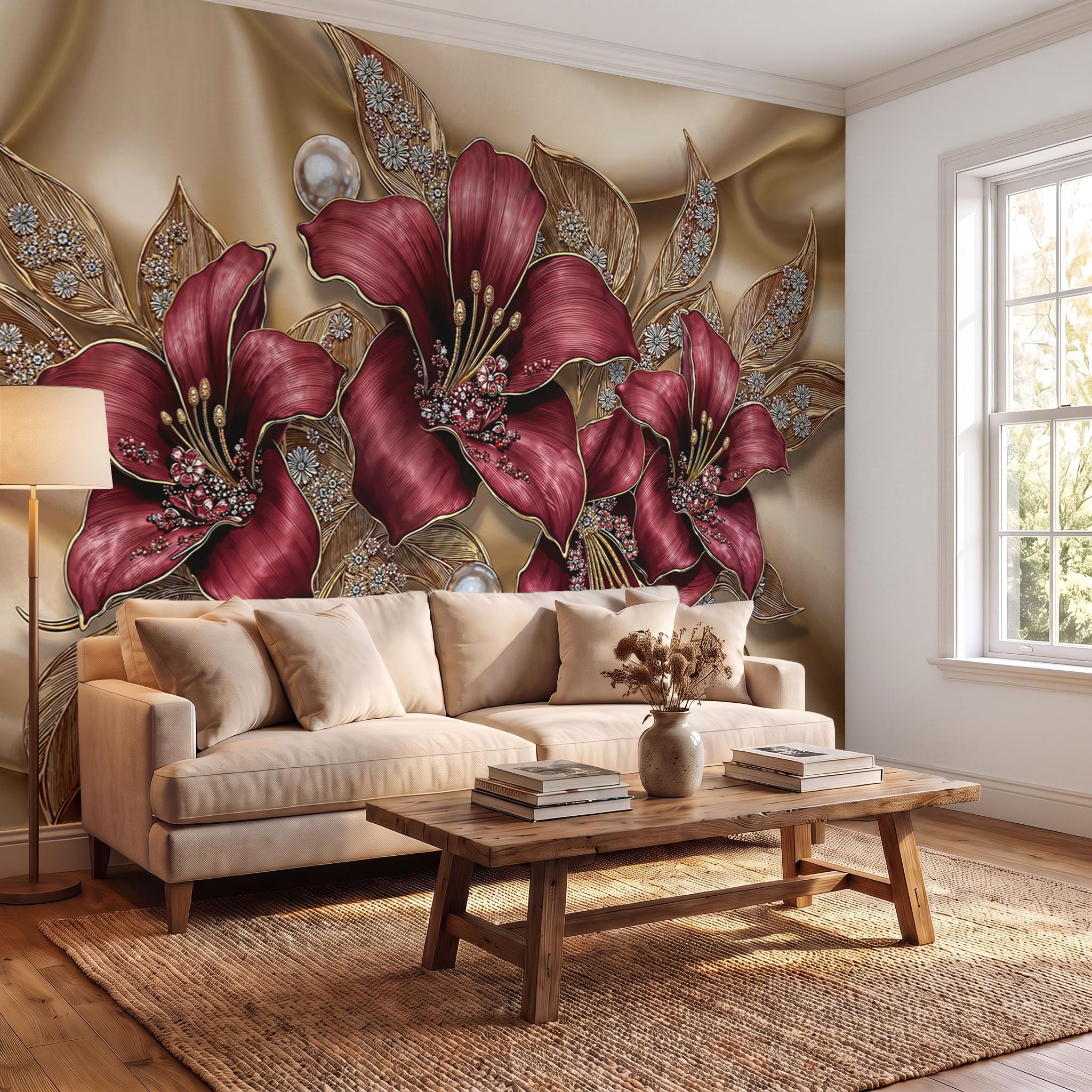 Retro-Blumenmuster Fototapete Schlafzimmer, 3D-Luxus-Lilienzweige Und -Blätter Seidentapete Wandtapete für Esszimmer Wohnzimmer E-Sport-Raum, Burgund Wanddeko - 300 x 210 cm