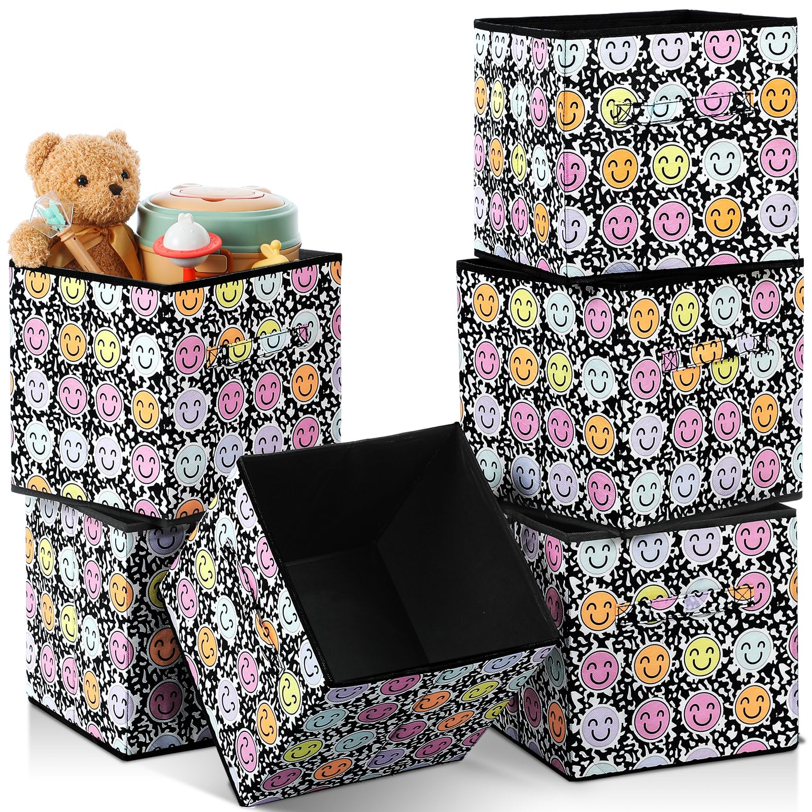 Wonderjune Faltbare Aufbewahrungswürfel, 27,9 cm, stabil, zusammenklappbar, mit Griff, Stoff-Organizer, Schublade, Faltkorb für Spielzimmer, Waschküche, Schrank (süßes Lächeln), 6 Stück