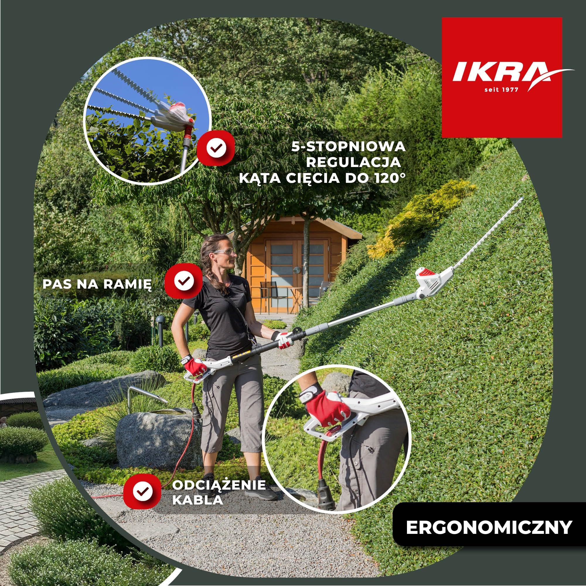 IKRA Nożyce elektryczne do żywopłotu teleskopowe ITHS 600 okulary ochronne | Teleskopowa regulacja długości i kąta cięcia, grubość cięcia do 20 mm, pas w zestawie, ostrza Made in Germany