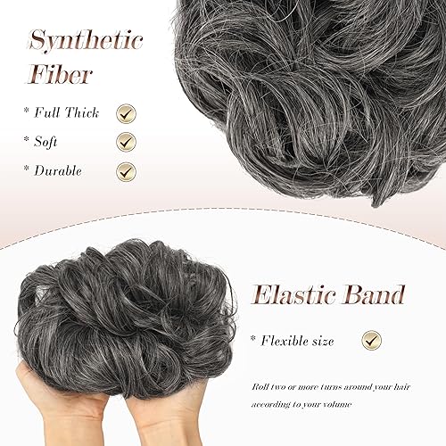 Miniatura 4 de FESHFEN Extensiones de moño de cabello desordenado, ondulado, rizado, grande, extensiones de moño sintético para mujeres y niñas, sal oscura y