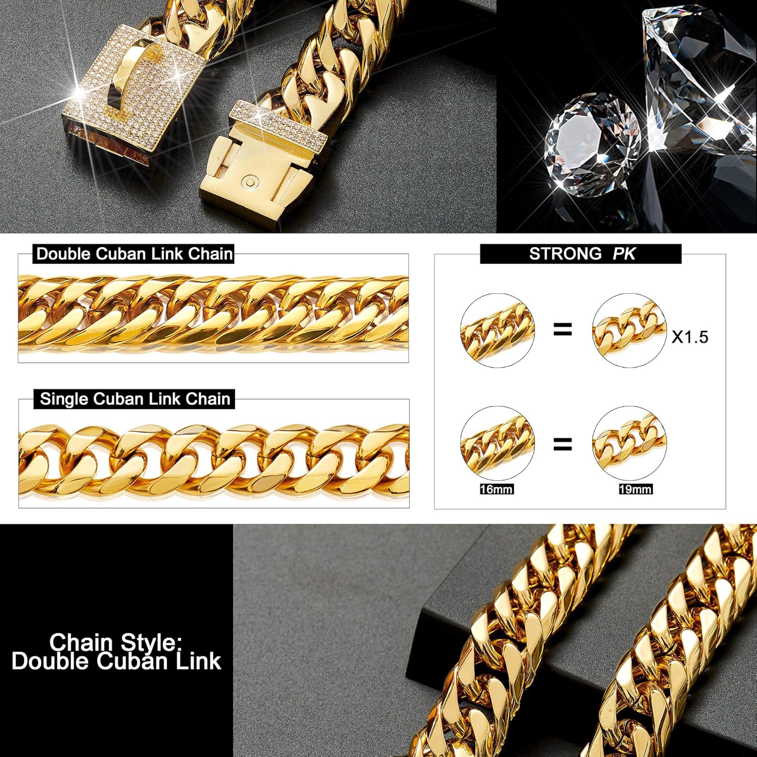 Dog Chain Collar Walking Metal Chain Collar with Design Secure Buckle, Gold Cuban Link Strong Heavy Duty Chew Proof for Medium Dogs(16MM, 16")