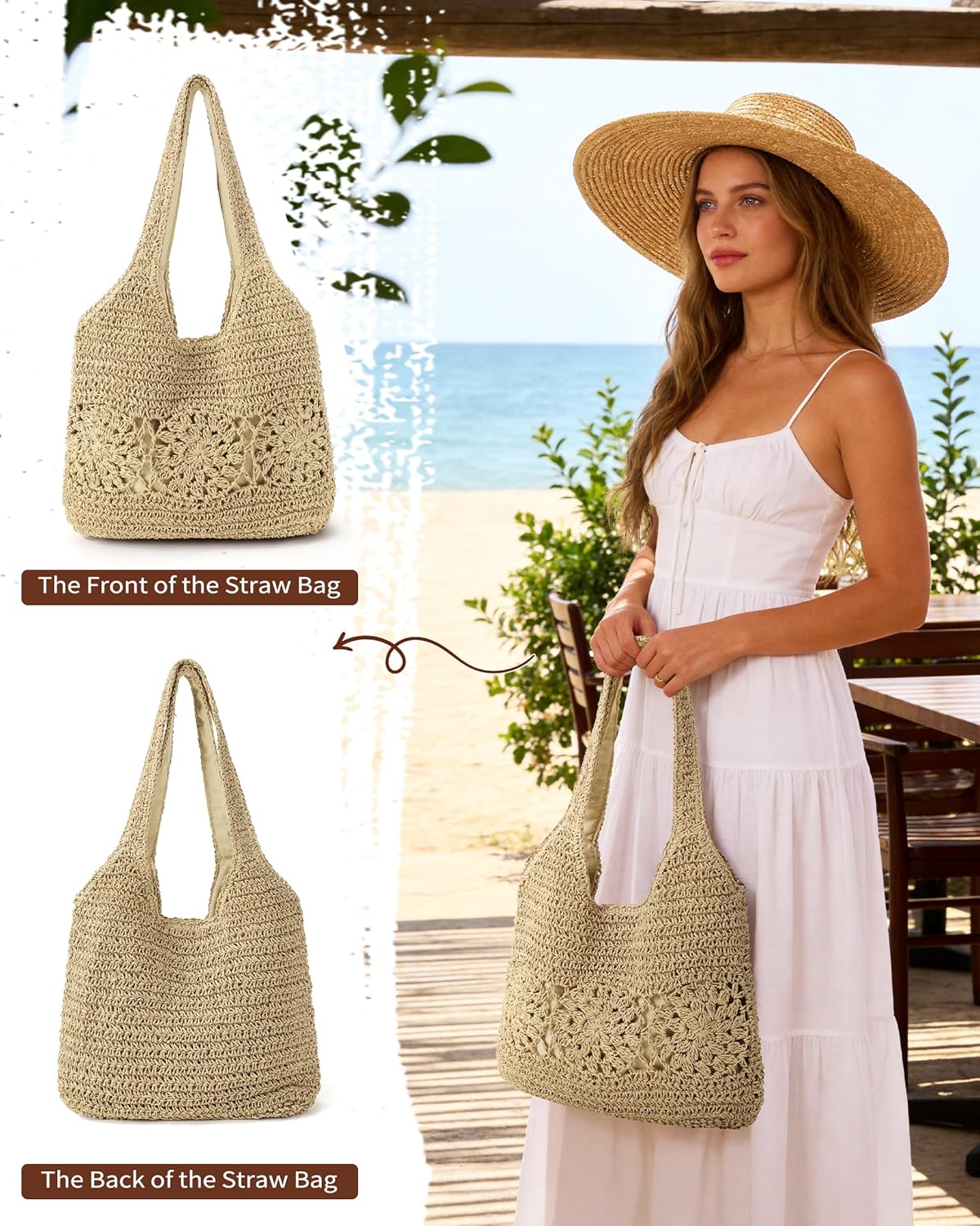 Beach Bag, Straw Beach Bags for Women, Floral Designed Beach Tote Lightweight Foldable Straw Bag