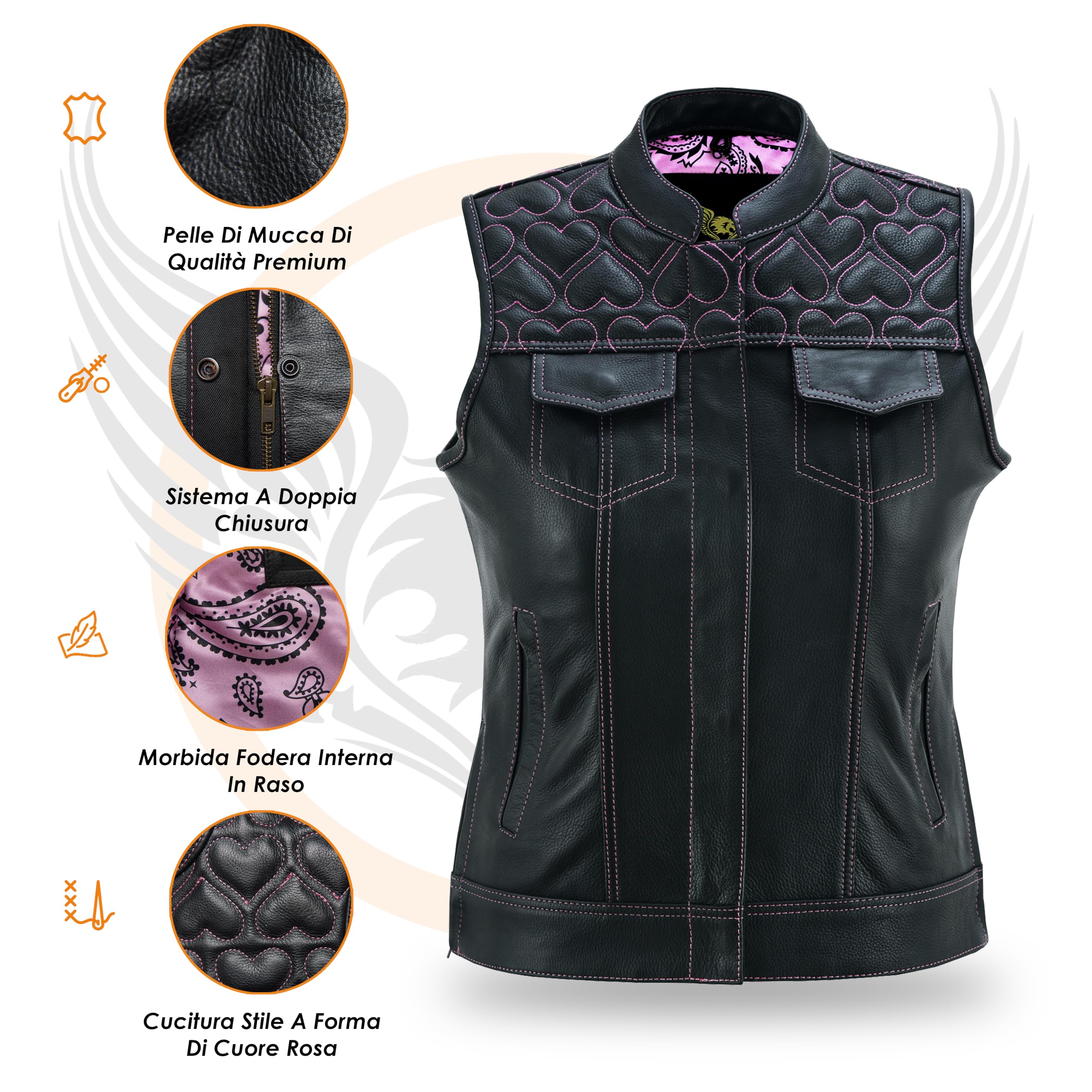 Leatherick Gilet da motociclista in pelle nera da donna - Fodera tradizionale in raso Paisley con cuciture a cuore rosa
