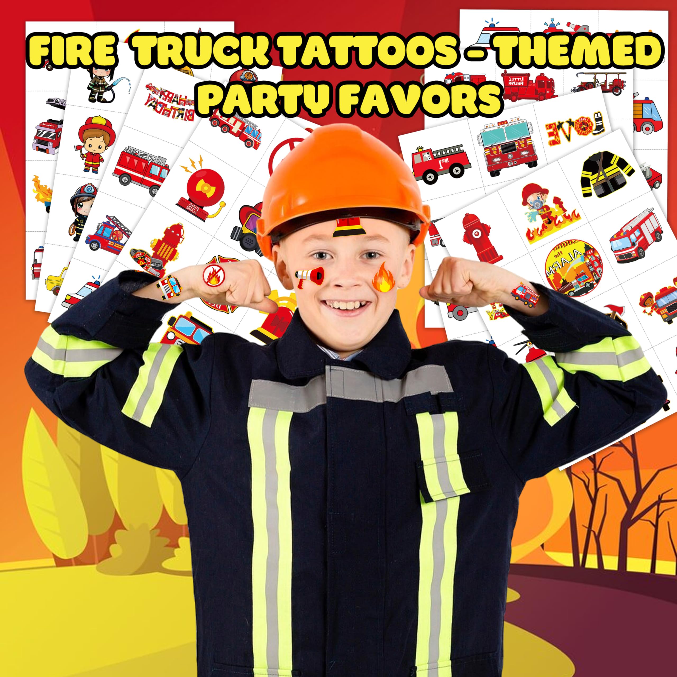 96PCS Fire Truck Pre-Cut Temporary Tattoos for Kids – Firefighter Party Favors Supplies, Emergency Vehicle Theme Decorations, Fireman Birthday Tattoo Stickers for Boys Girls Classroom Rewards