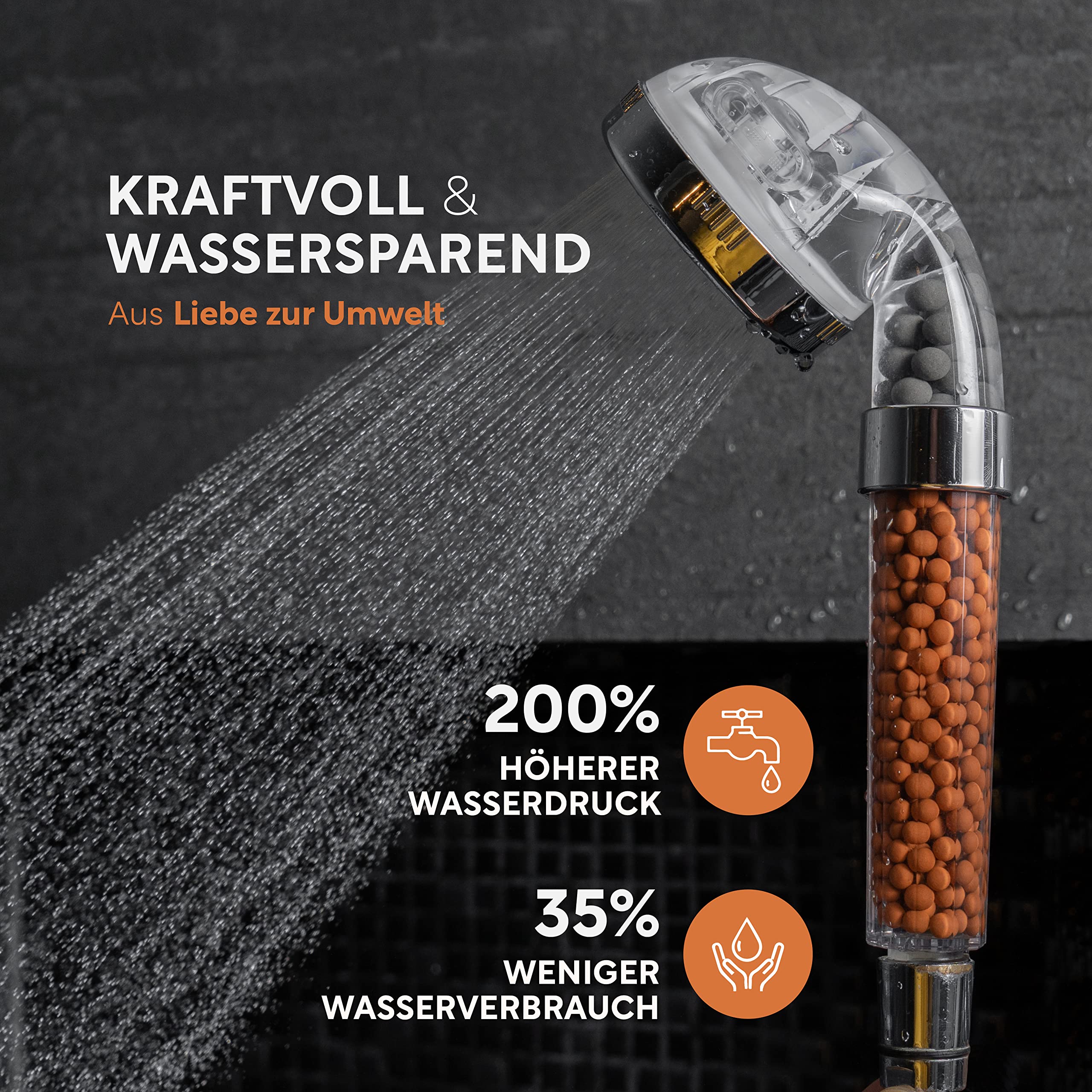happydrop Premium douchekop met minerale stenen - de waterbesparende handdouche drukverhogend met 3 straalsoorten