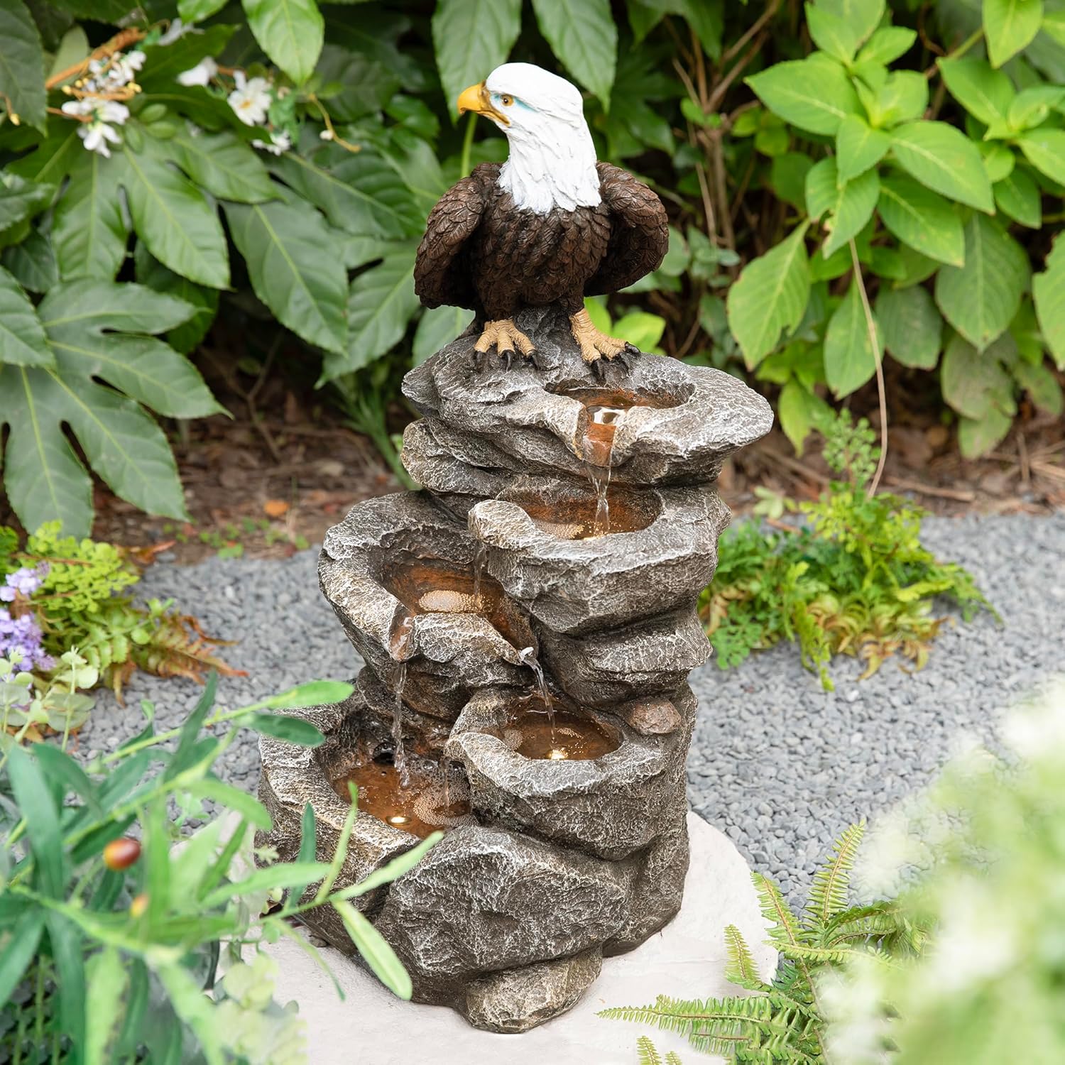 Glitzhome Outdoor Water Fountain with Lights, 4-Tiered Eagel Outdoor Fountain, 25.25" H Polyresin Decorative Waterfall Feature Garden Fountain with Pump for Garden, Patio, Yard, Deck, Porch Decor