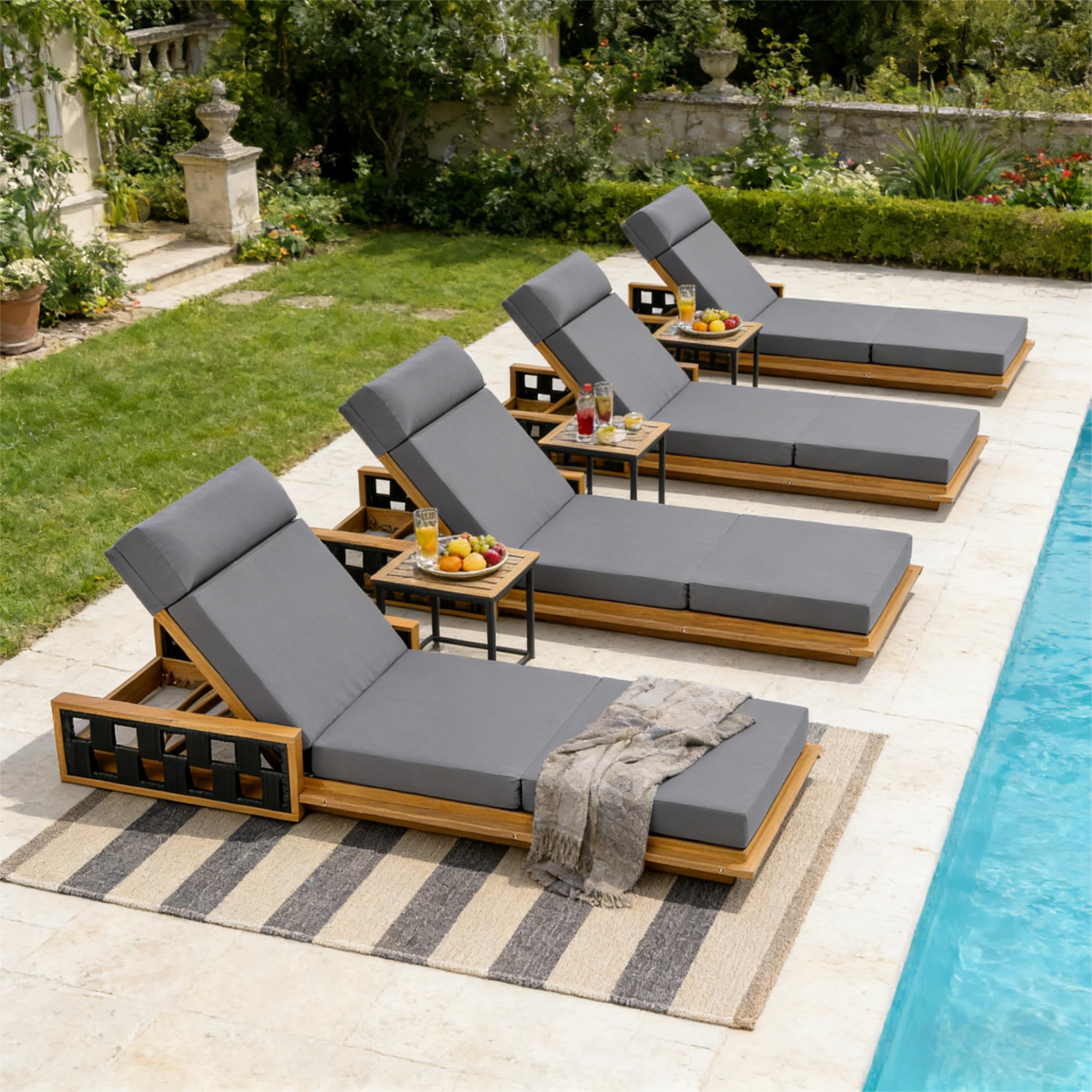 Merax Acacia Wood Patio Chaise Lounge Set of 4, Outdoor Reclining Chairs with 4-Position Adjustable Backrest, 4-Piece Sunbathing Recliner & 4" Thick