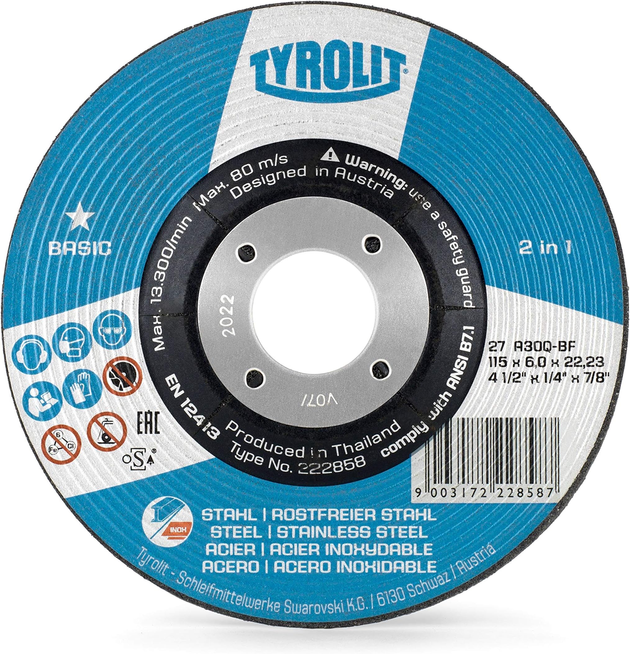 TYROLIT 222858 BASIC 2in1 Rough Grinding Wheels for Steel, Stainless Steel, 115mm Metal Cutting Discs, Angle Grinder Discs, 115 x 6 x 22.23 mm, 10-Pck