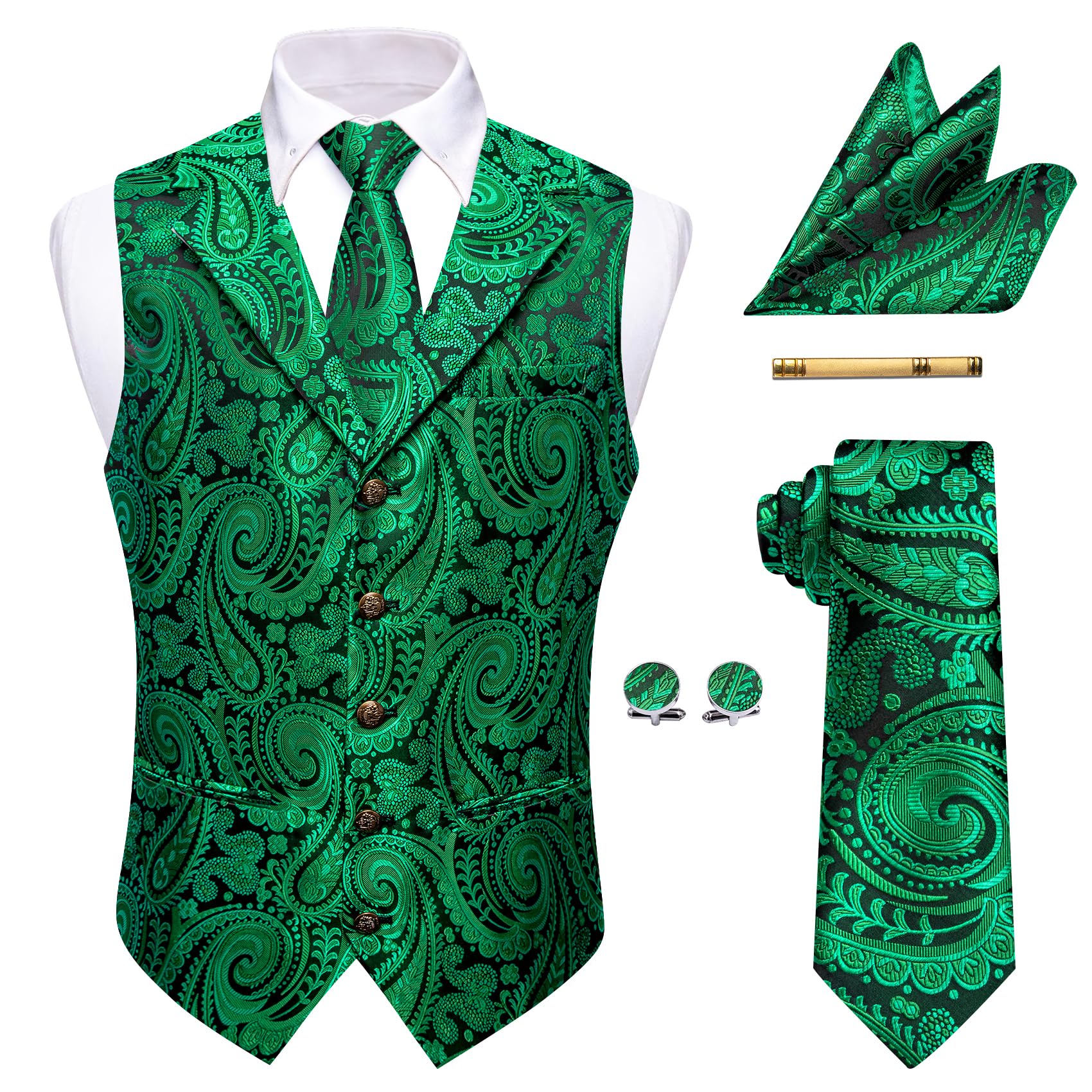 YourTies Mens Victorian Vest Tie Set Silk Paisley Suit Vests Formal Waistcoat Gothic Steampunk Vest with Notched Lapels, Green Black, Small