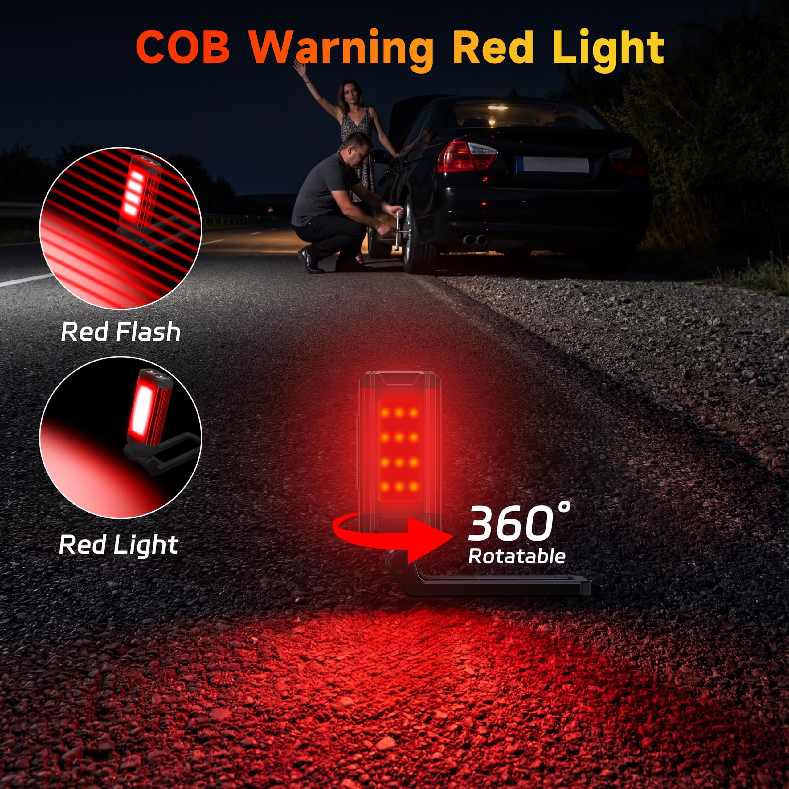 Daphomeu Lampa warsztatowa LED, 2 sztuki, ultra jasna lampa robocza COB i latarka LED, czerwone światło awaryjne z obrotową podstawą magnetyczną, możliwość ponownego ładowania, lampa inspekcyjna do