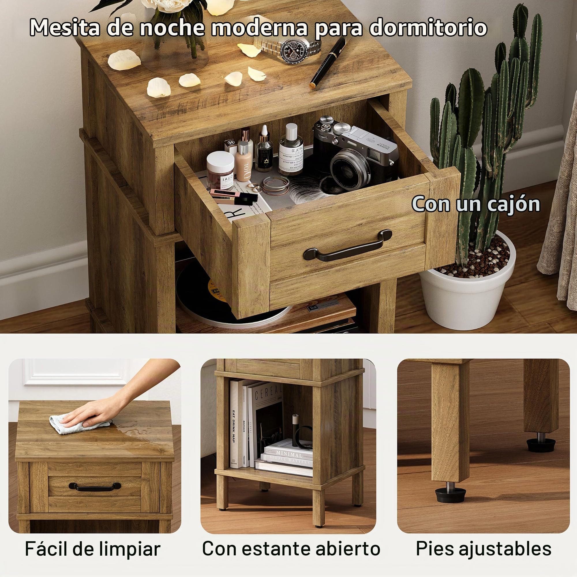 Mesita de Noche de Madera Mesita Auxiliares con Cajones Compartimento Abierto Moderna Minimalista Bedside Table Dormitorio Sala de Estar Marrón rústico LET512DR
