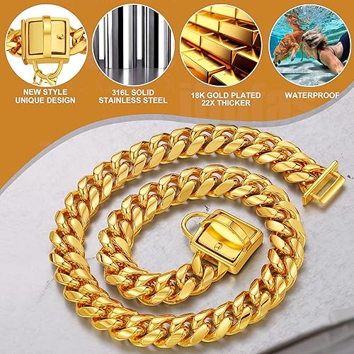Miniatura 4 de Collar de cadena para perro, collar de cadena de oro de 0.555 pulgadas con eslabones cubanos de 0.55 pulgadas, con hebilla de cierre segura, cadena