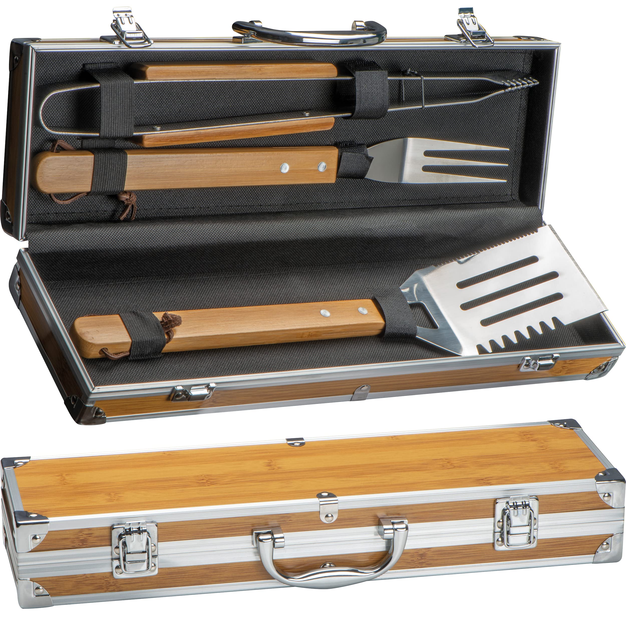 Set di 3 posate per barbecue, in valigetta in metallo effetto bambù, con pinza, forchetta e paletta per barbecue