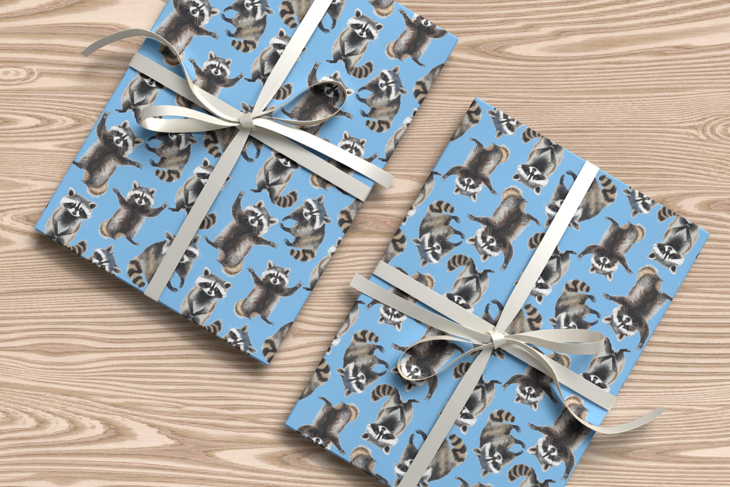Cute Raccoon Wrapping Paper – Playful Woodland Animal Gift Wrap Sheet with Watercolour Style Raccoons – Birthday or Kids Gift Wrap – W68 (Cornblue, Large - 58 x 85cm / 22.8" x 33.4" inches)