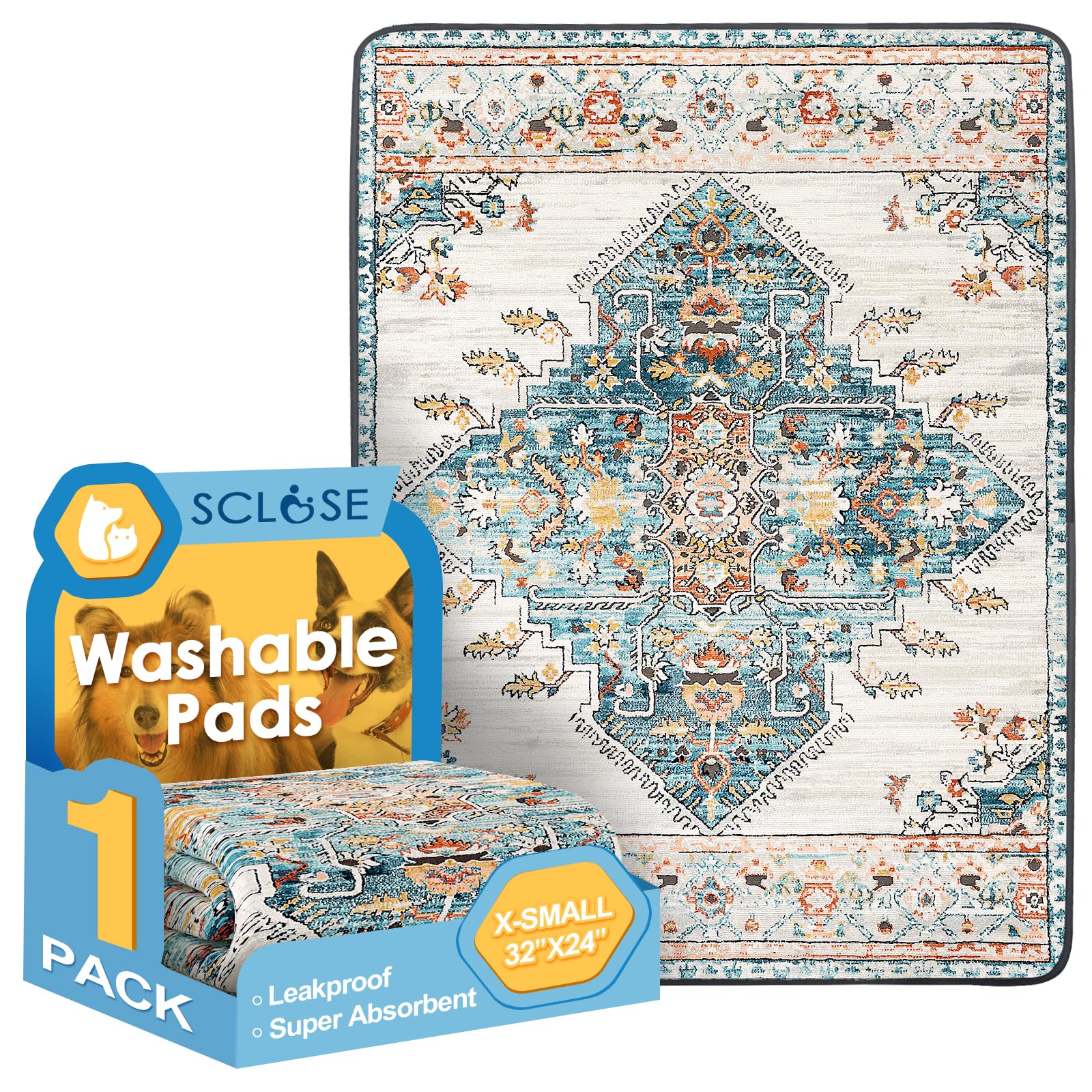 SCLOSE Washable Pee Pad for Dogs, 32" x 24" Reusable Puppy Pads Waterproof Dog Rugs, Super Absorbent, Leakproof, Dog Crate Pad, Playpen Mat, Whelping Pads, Blue Medallion