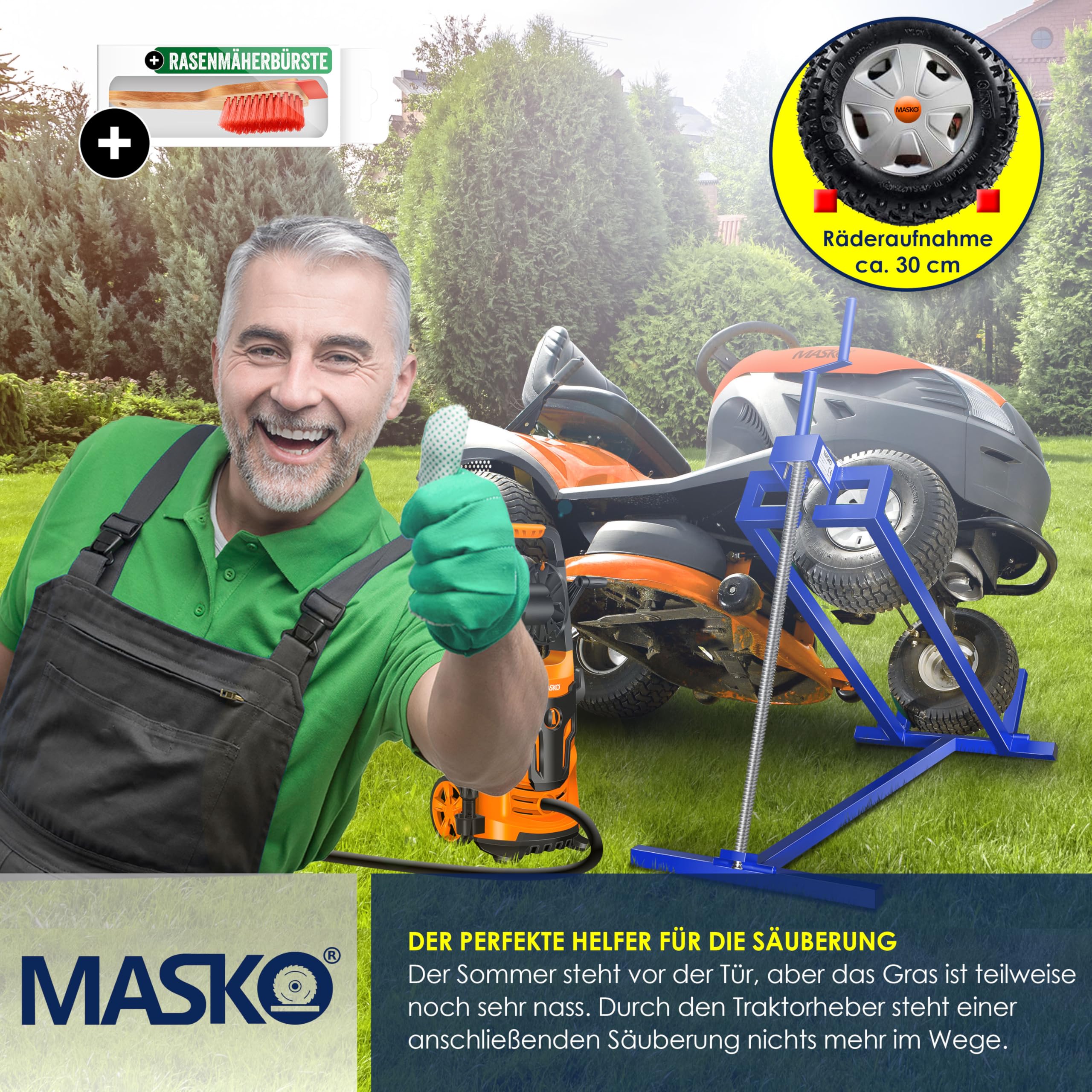 MASKO Cric de tracteur à gazon XXL 450 kg - Pont élévateur de tondeuse autoportée - Aide au nettoyage universel - Inclinaison réglable à +45° - Avec adaptateur, manivelle, gants et brosse - Bleu