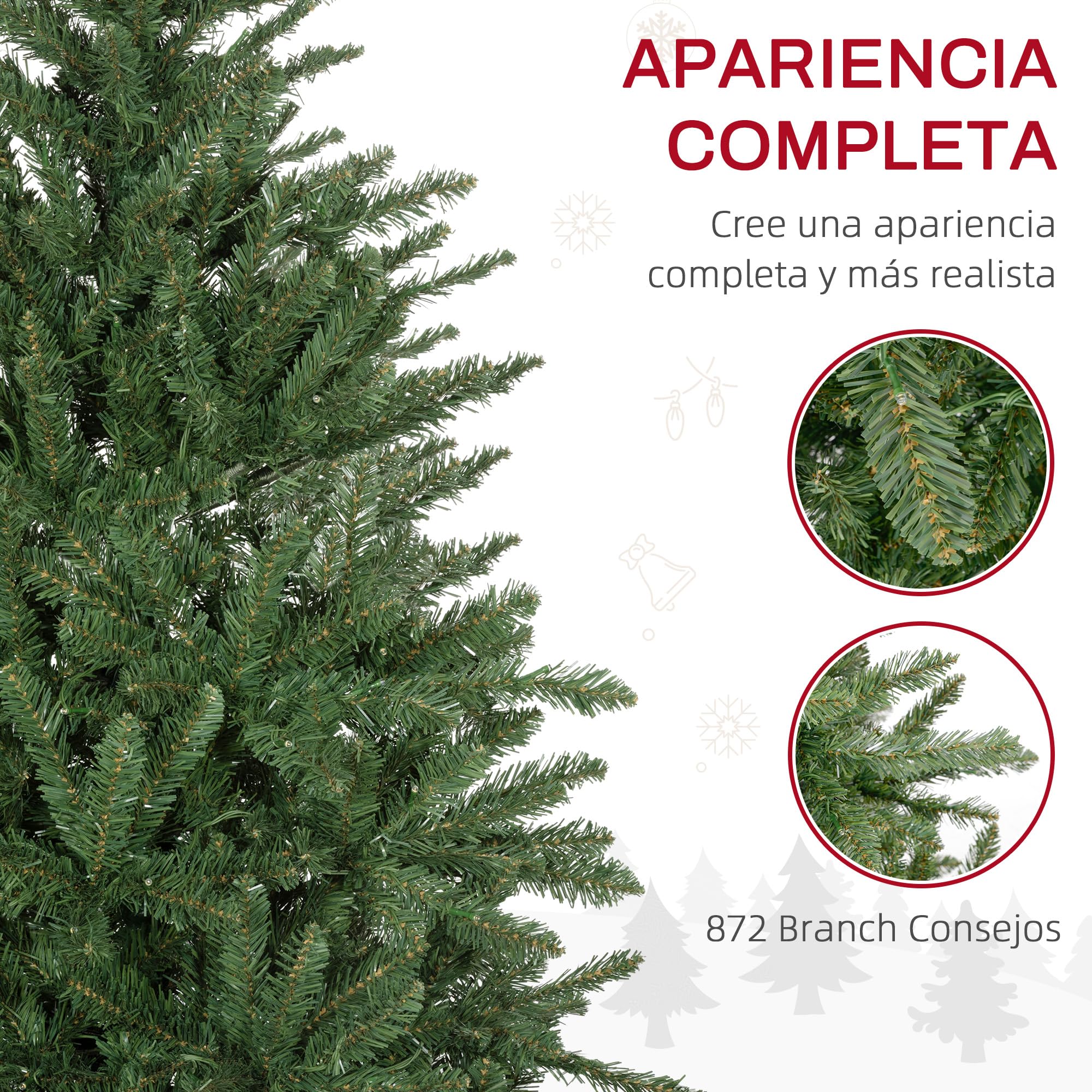 HOMCOM Árbol de Navidad 180 cm Árbol de Navidad Artificial con 310 Luces LED 872 Ramas y Soporte de Metal Árbol Navideño para Salón Interior Verde