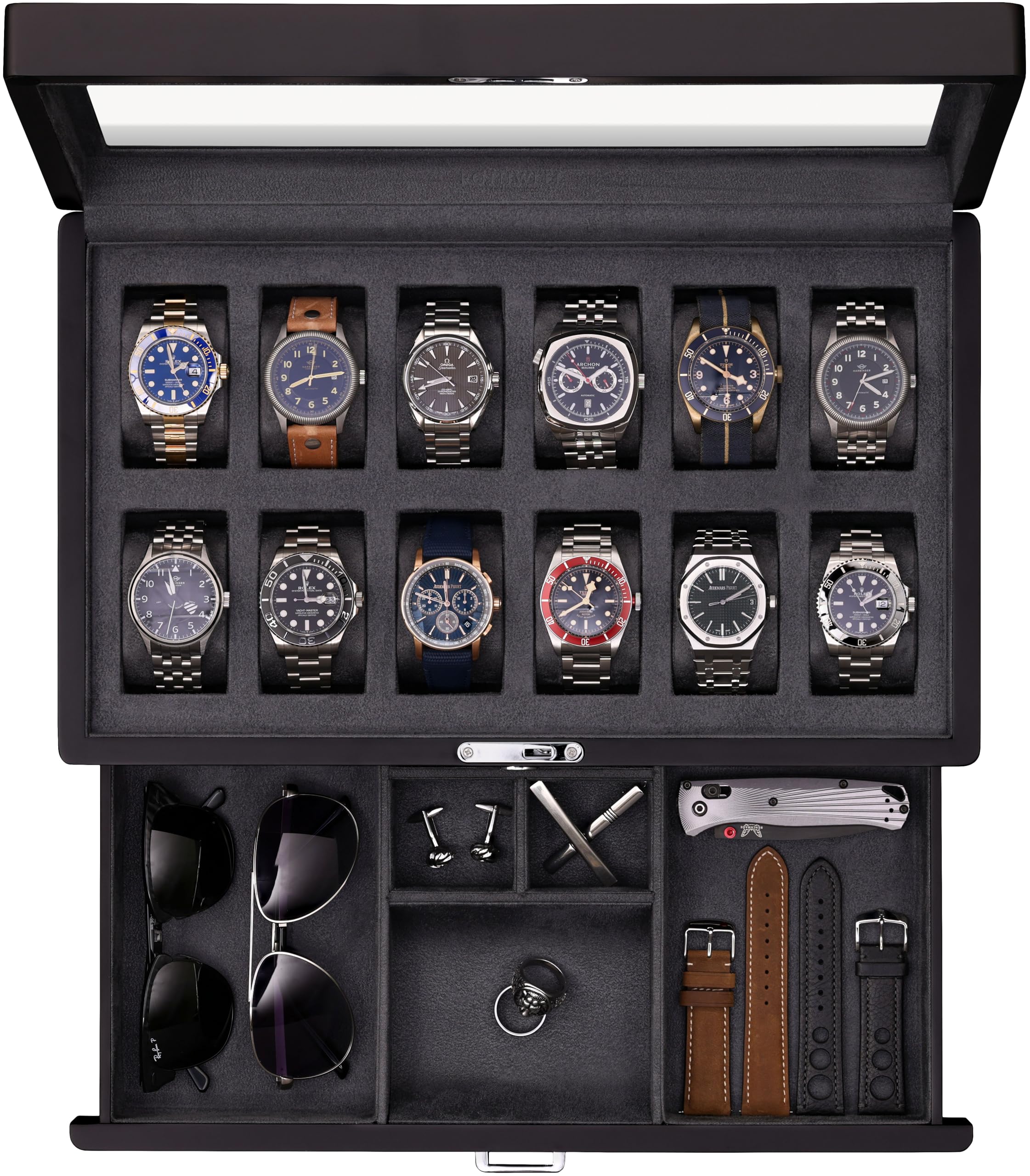 ROTHWELL 12-Slot Matte Black Watch Box with Valet Drawer - Premium Jewelry Display Case Organizer with Locking Glass Top and Microsuede Liner for Men
