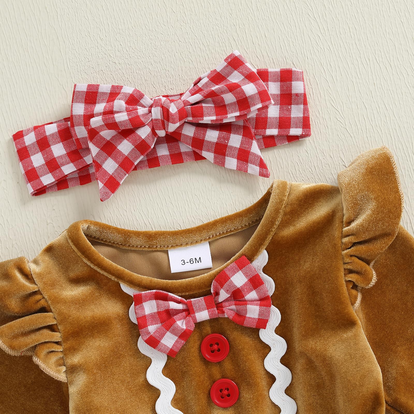 Himllauen Infant Baby Girls 2 Pcs Christmas Outfits Toddler Long Sleeve Santa/Gingerbread Romper Dress + Headband Set Newborn Girl Winter Clothes (Beige - Image 4