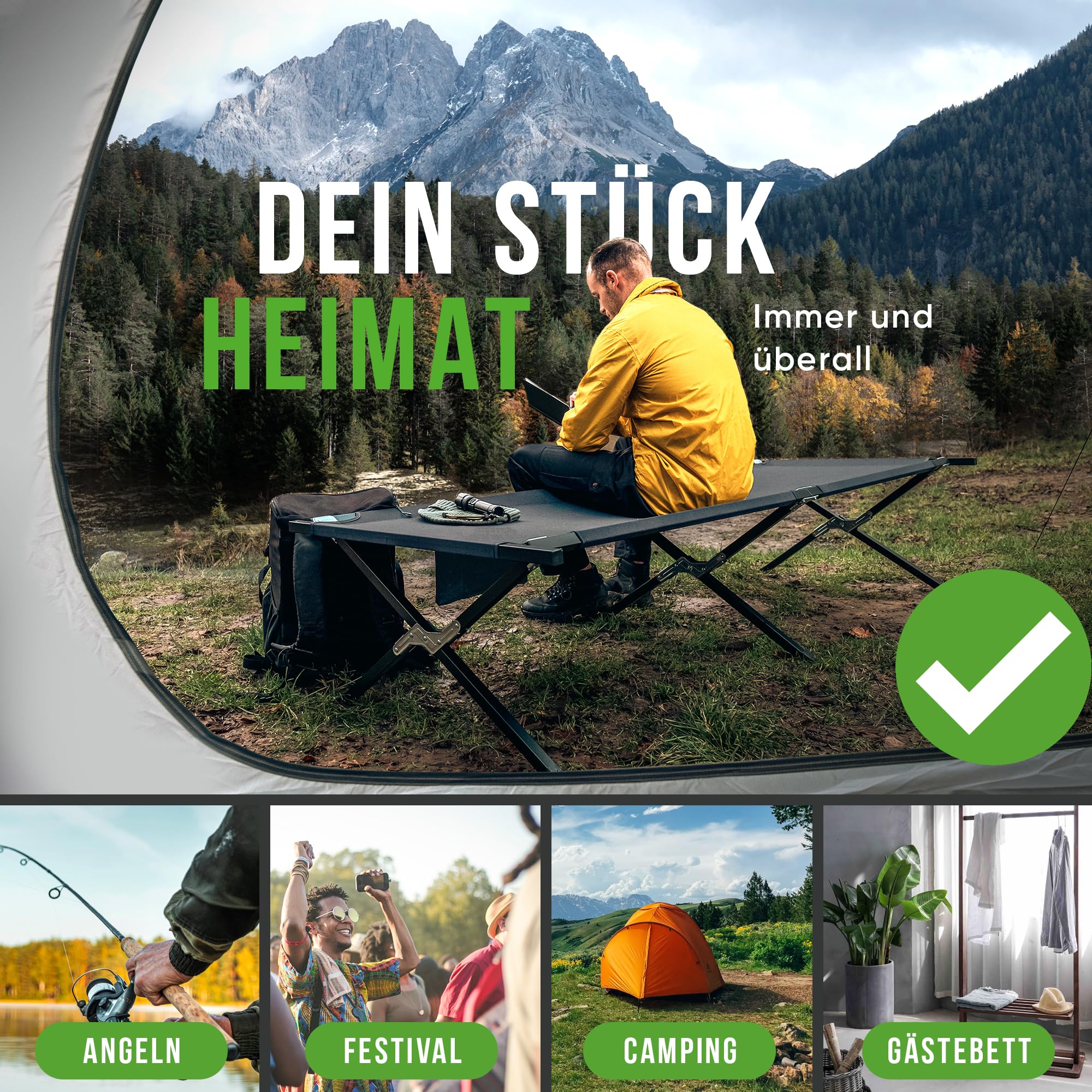Feldbett XXL 200kg belastbar 210x70 [mit Montagetool] – Campingbett, Campingliege faltbar leicht, Feldbett klappbar, Camping Bett
