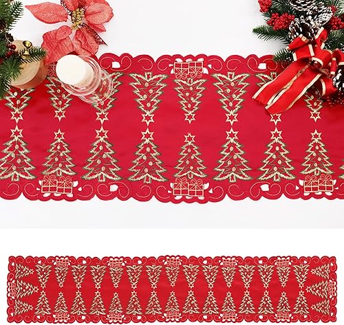 Miniatura 2 de Simplebrand Camino de mesa de Navidad rojo de 13 x 70 pulgadas de largo, camino de mesa de Navidad bordado con árbol de Navidad verde y regalos,