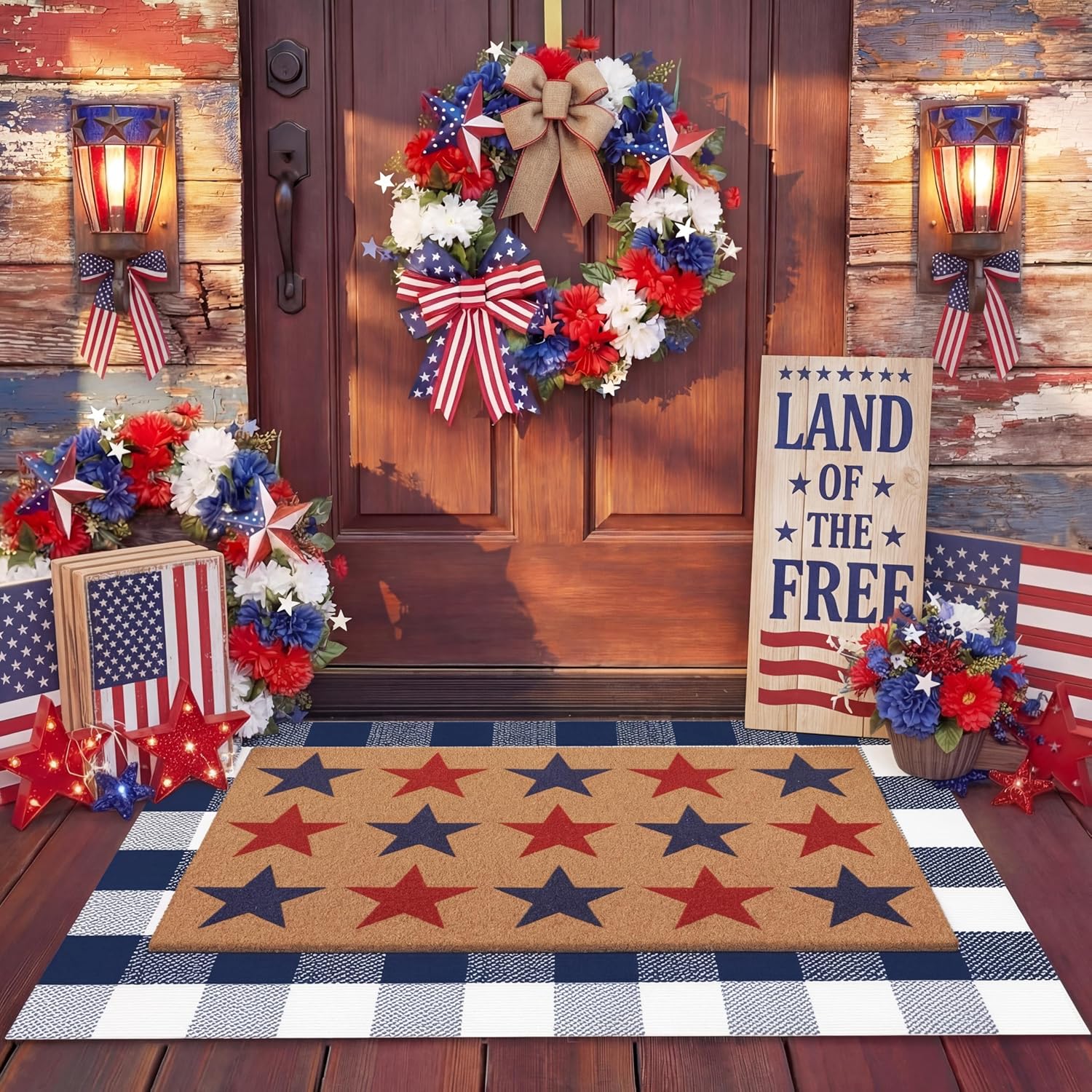 Duraaamo 2 Pcs Independence Day Door Mat Welcome Patriotic Doormat Happy 4th of July Rug Non Slip National Day Outdoor Mat Floor Mats Welcome Coir Doormats for Porch Entryway Decor