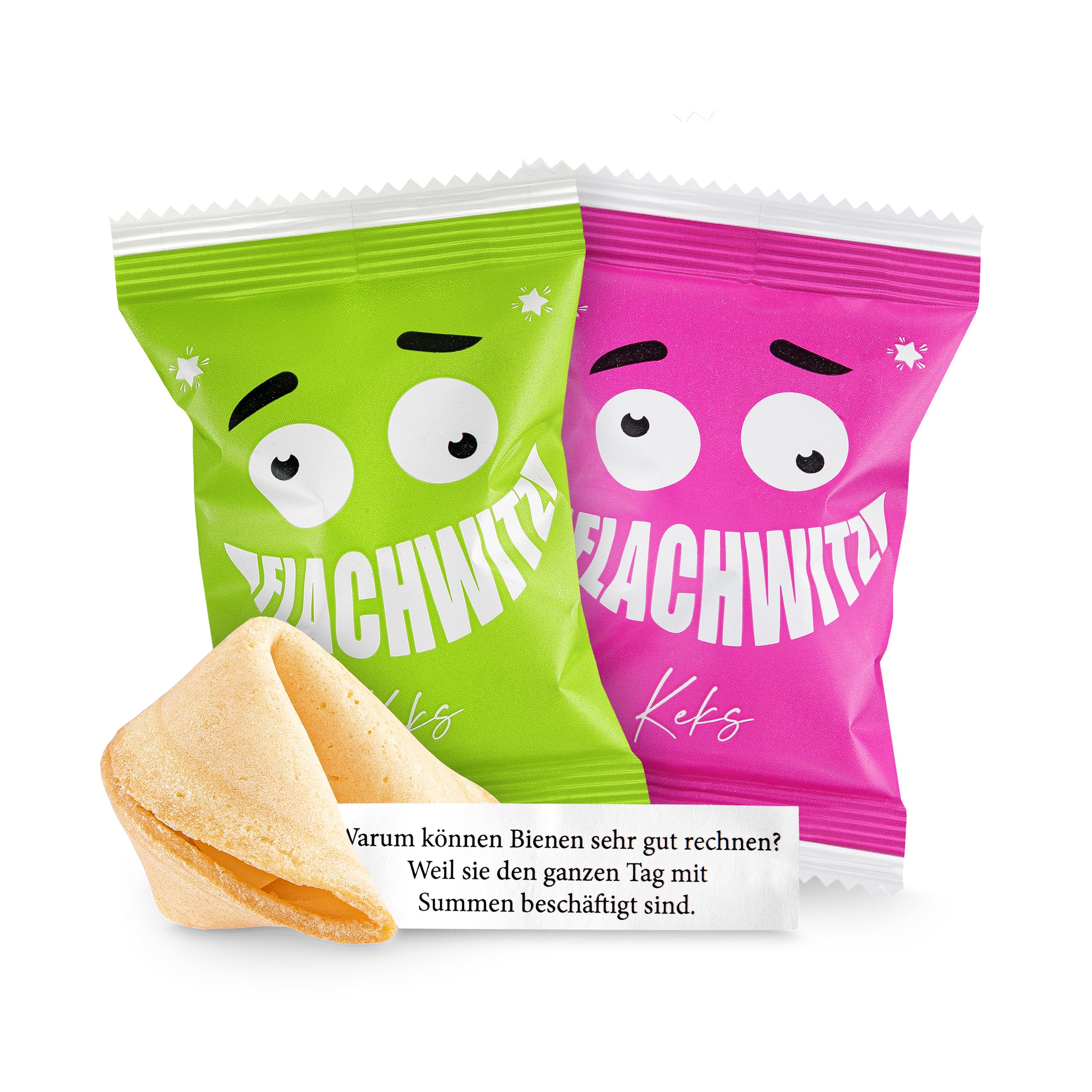 Glückskekse Flachwitze 30er Packung grün und pink | Glückskekse lustige Flachwitze für Kinder und Erwachsene zur Party, Geburtstag, Candybar, Geschenk | Kekse frisch gebacken vegan & made in Germany