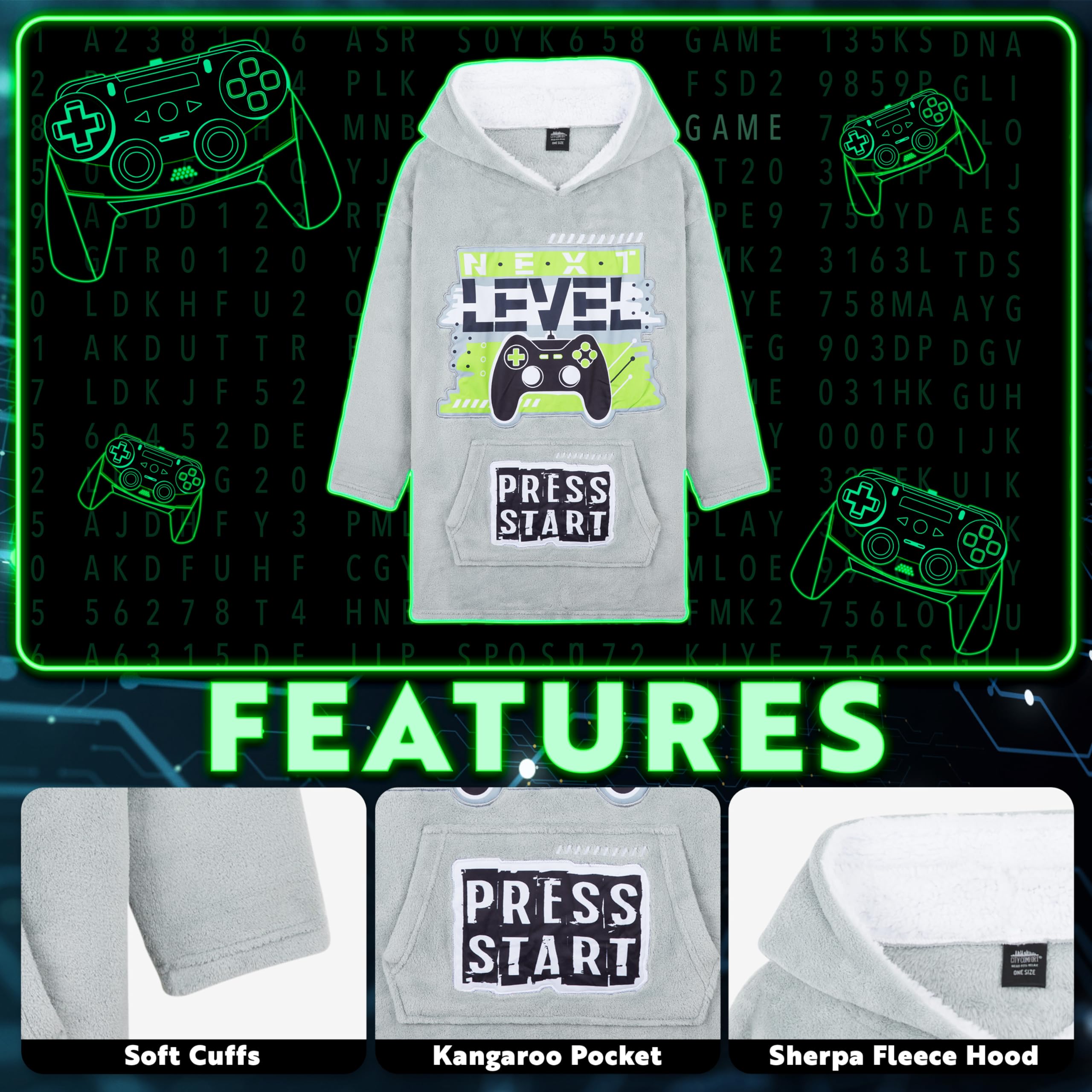 CityComfort Felpa Coperta Bambino - Felpe Oversize con Cappuccio in Morbido Pile Taglia Unica - Regalo per Gamer